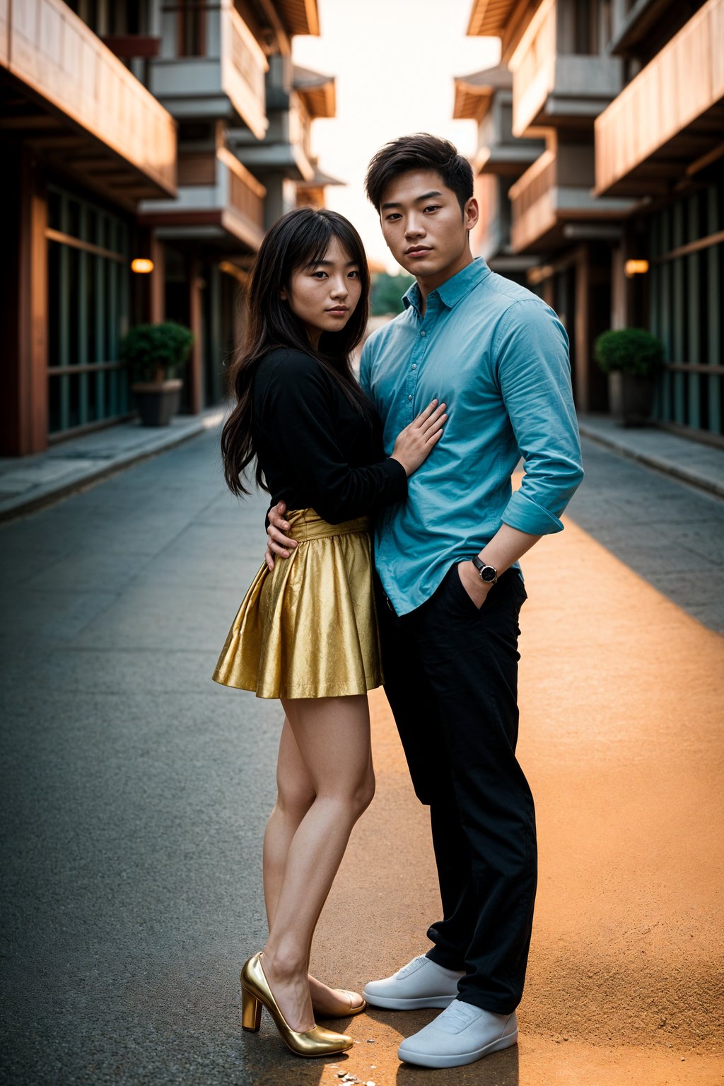 full body shot of smiling man in engagement photoshoot. engagement style. wearing casual clothes.  golden hour