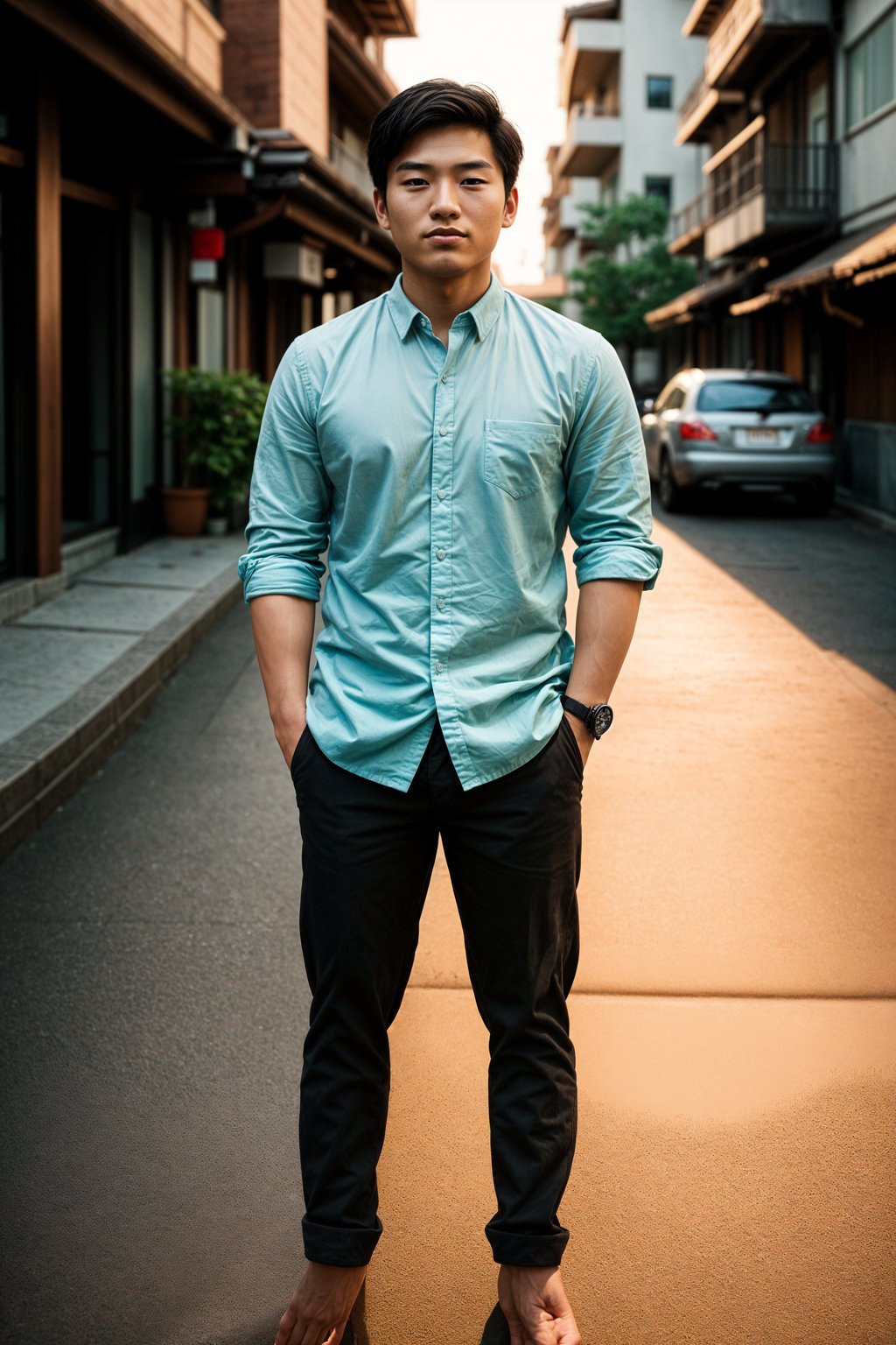 full body shot of smiling man in engagement photoshoot. engagement style. wearing casual clothes.  golden hour