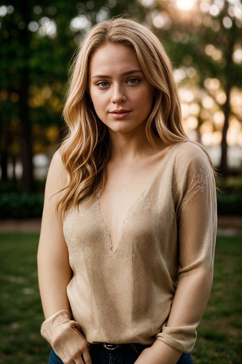 smiling woman in engagement photoshoot. engagement style. wearing casual clothes.  golden hour