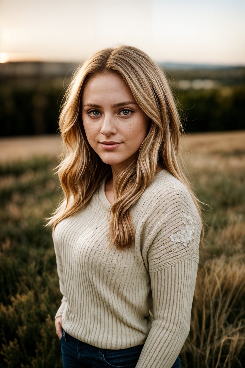 smiling woman in engagement photoshoot. engagement style. wearing casual clothes.  golden hour