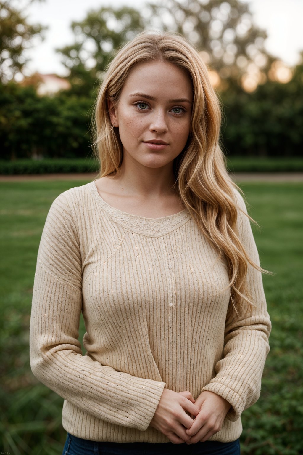 smiling woman in engagement photoshoot. engagement style. wearing casual clothes.  golden hour