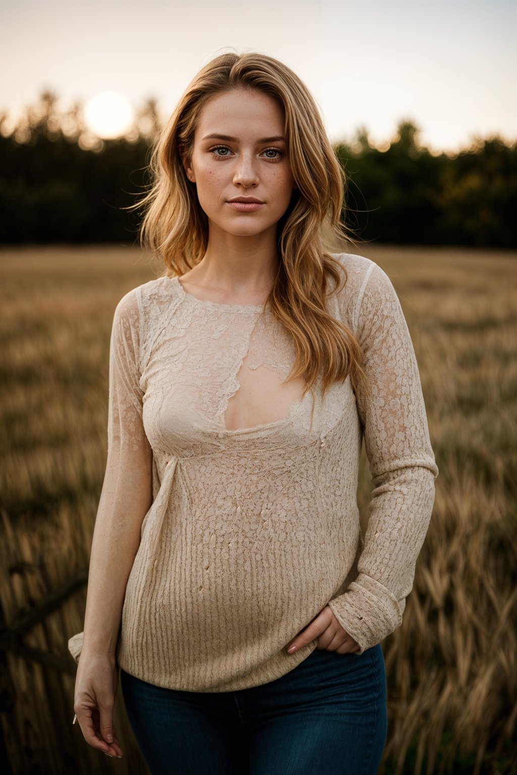 smiling woman in engagement photoshoot. engagement style. wearing casual clothes.  golden hour