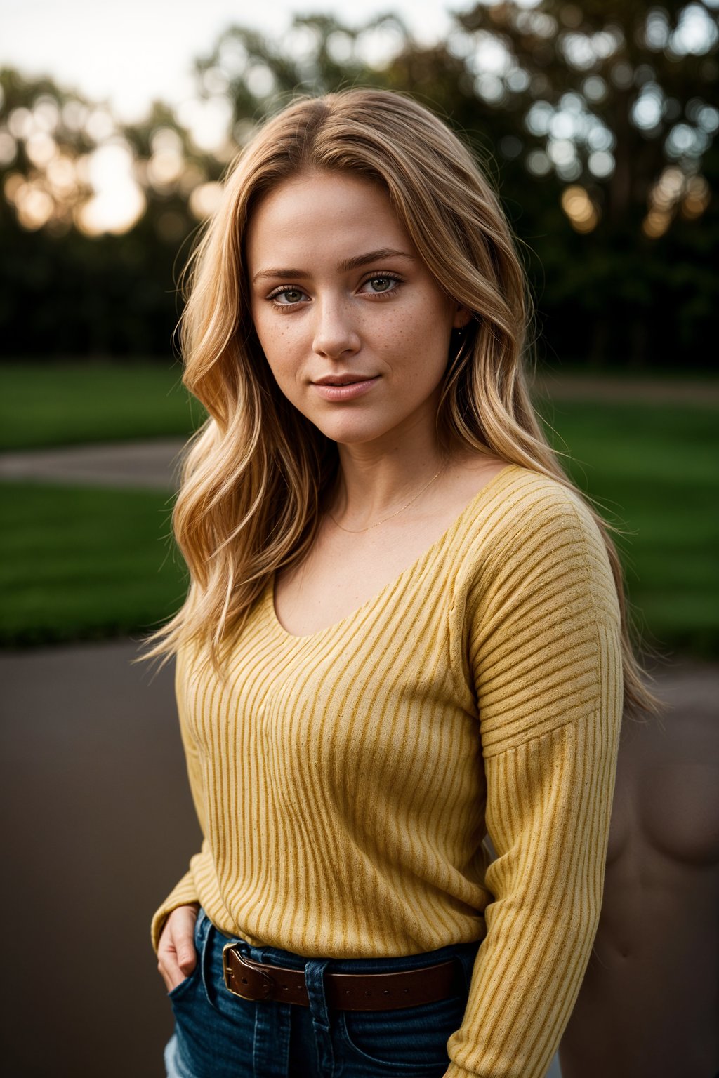 smiling woman in engagement photoshoot. engagement style. wearing casual clothes.  golden hour