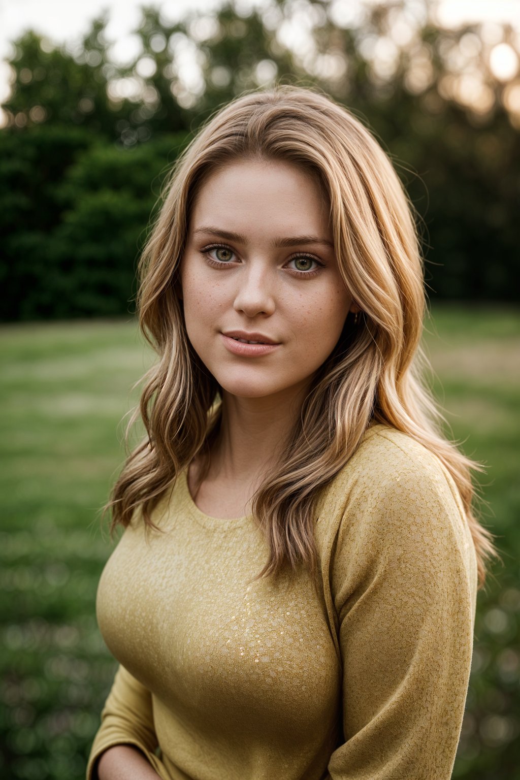 smiling woman in engagement photoshoot. engagement style. wearing casual clothes.  golden hour