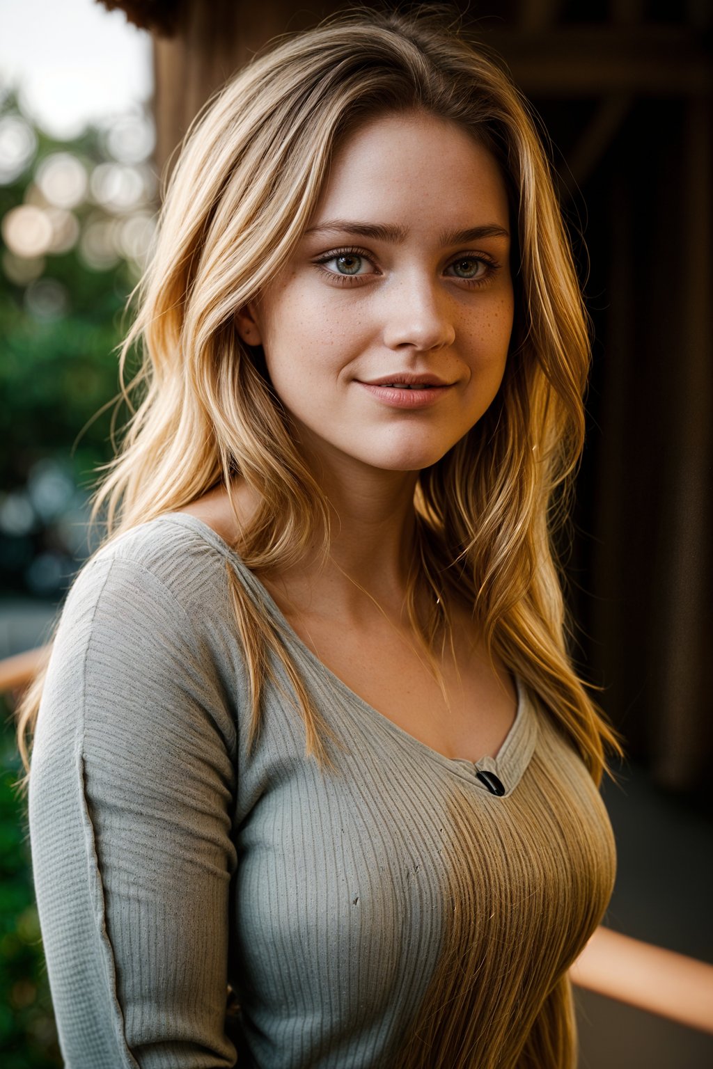 smiling woman in engagement photoshoot. engagement style. wearing casual clothes.  golden hour