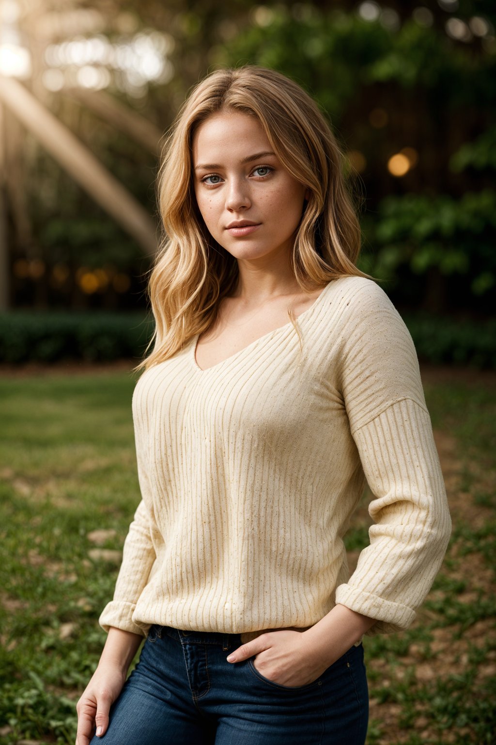 full body shot of smiling woman in engagement photoshoot. engagement style. wearing casual clothes.  golden hour