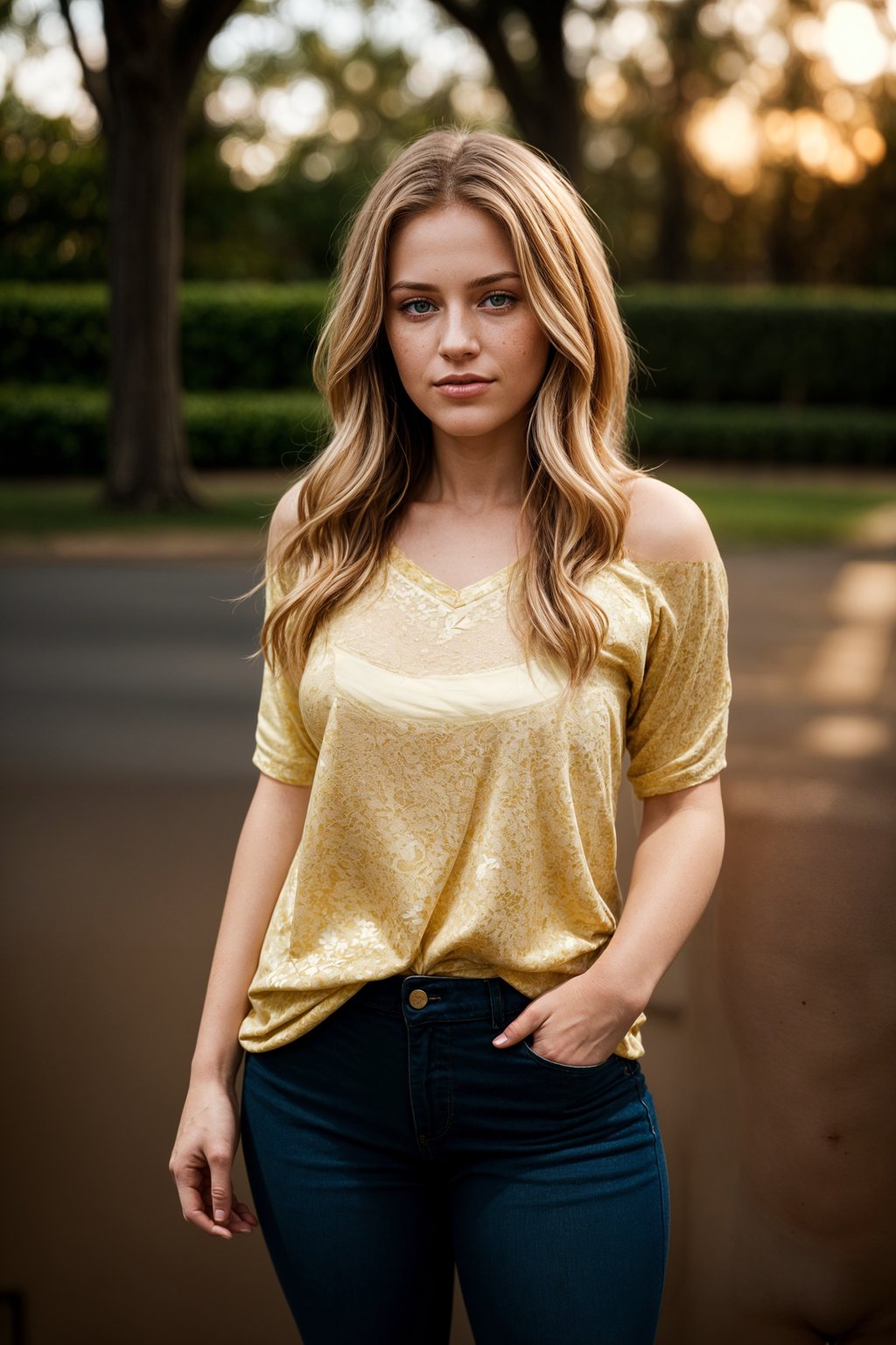 full body shot of smiling woman in engagement photoshoot. engagement style. wearing casual clothes.  golden hour