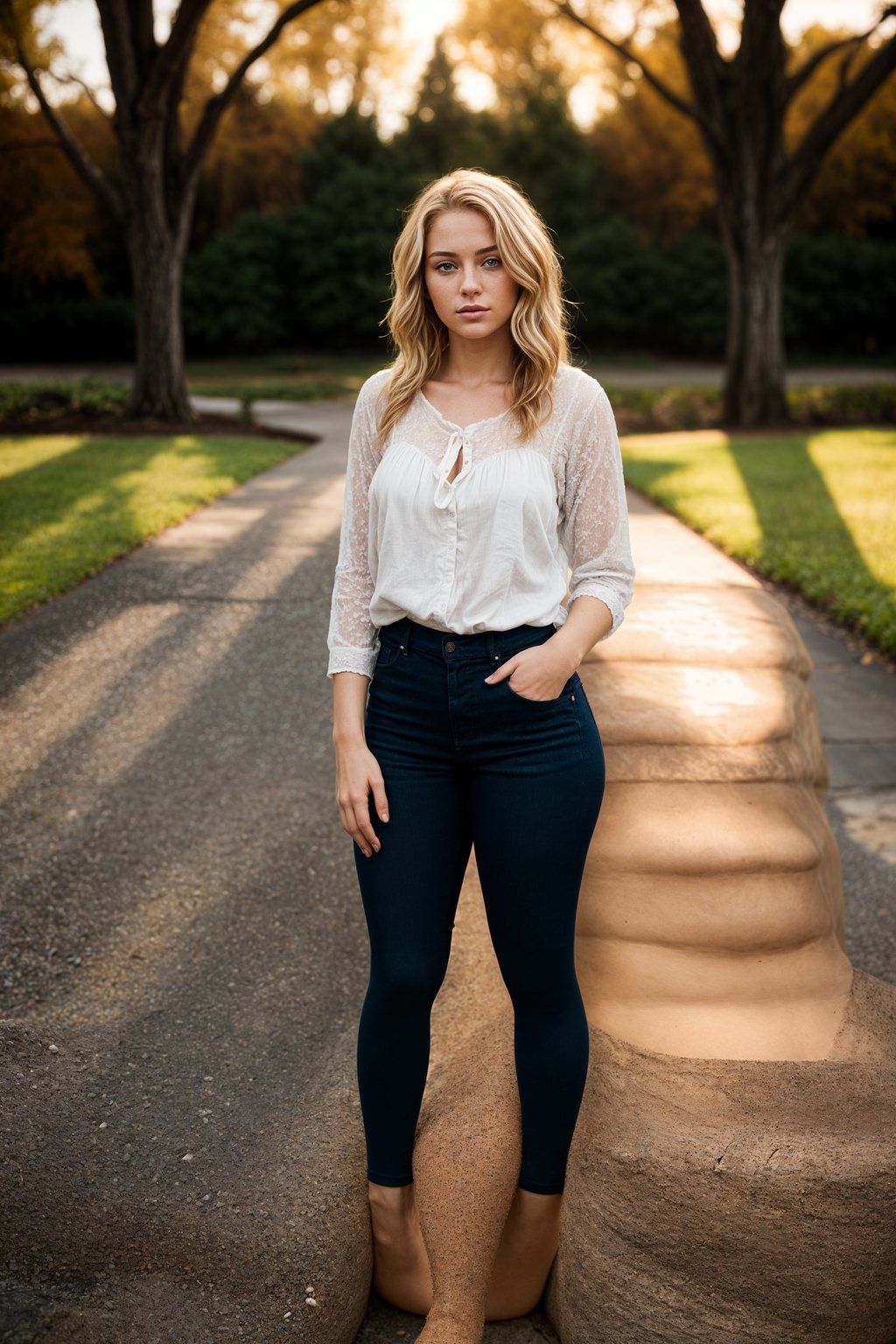 full body shot of smiling woman in engagement photoshoot. engagement style. wearing casual clothes.  golden hour