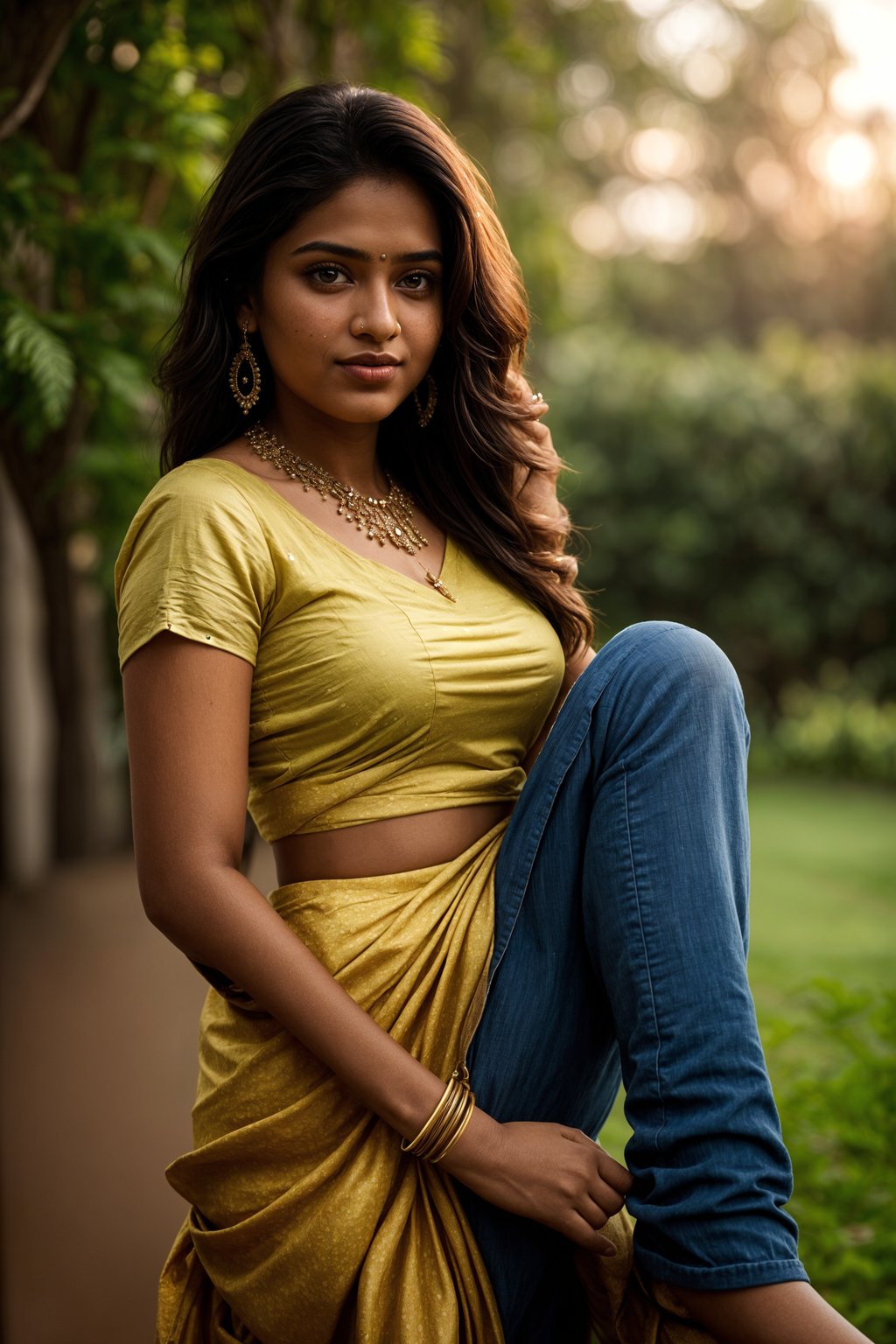 smiling woman in engagement photoshoot. engagement style. wearing casual clothes.  golden hour