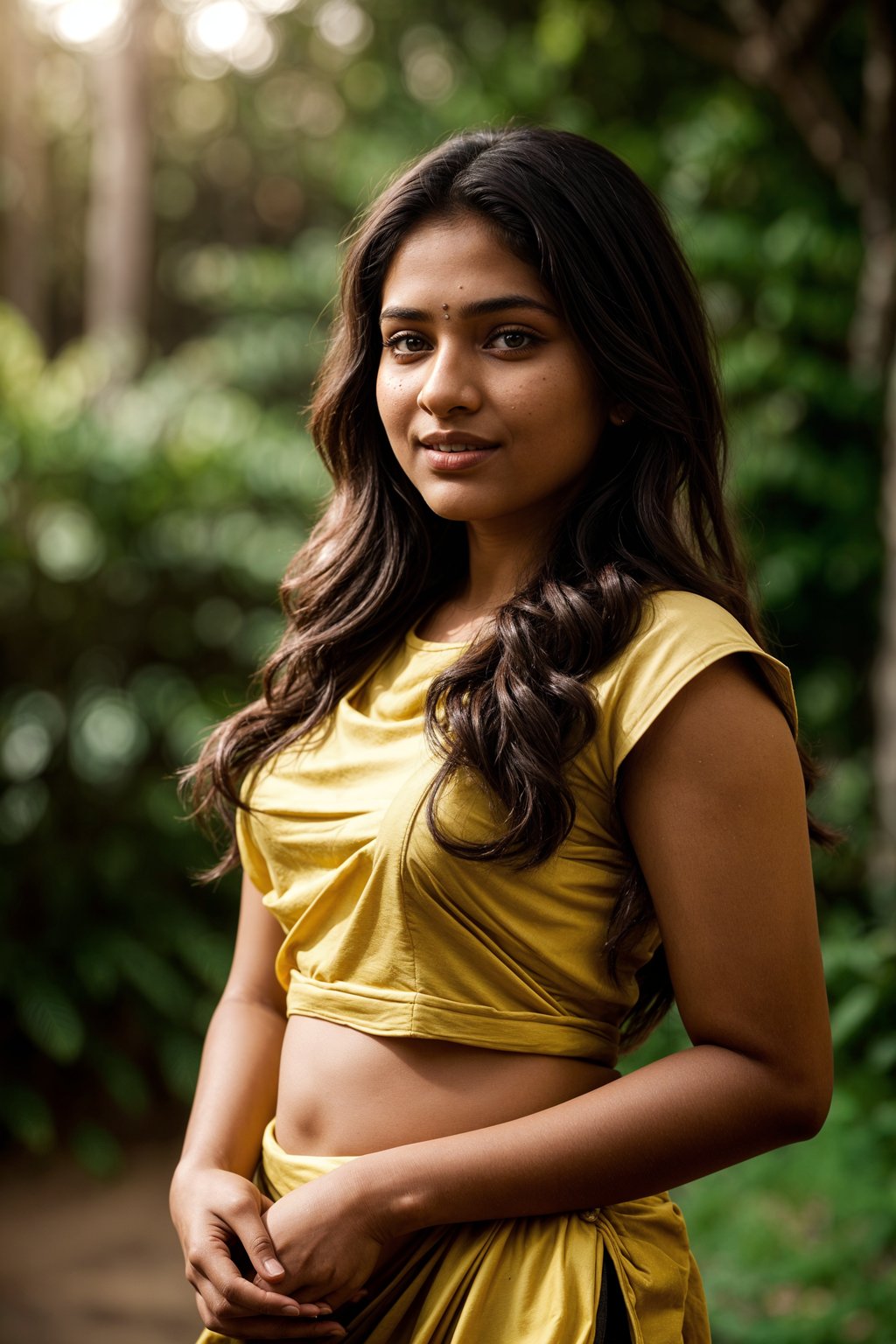 smiling woman in engagement photoshoot. engagement style. wearing casual clothes.  golden hour