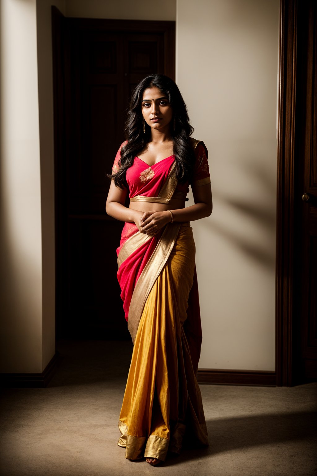 full body shot of smiling woman in engagement photoshoot. engagement style. wearing casual clothes.  golden hour