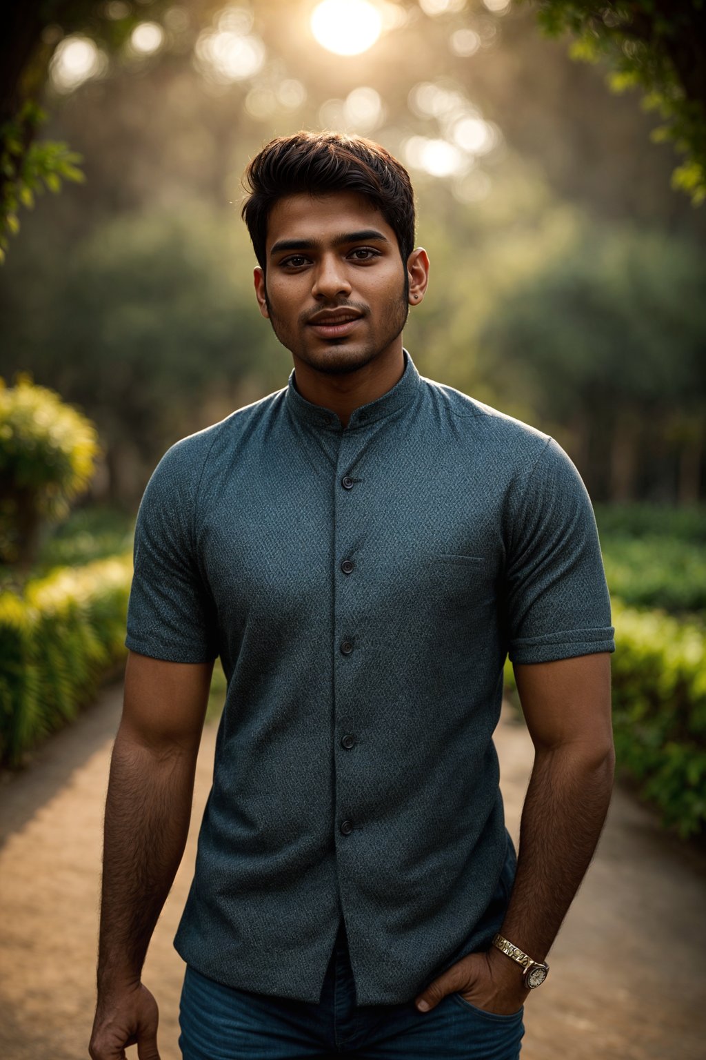 smiling man in engagement photoshoot. engagement style. wearing casual clothes.  golden hour