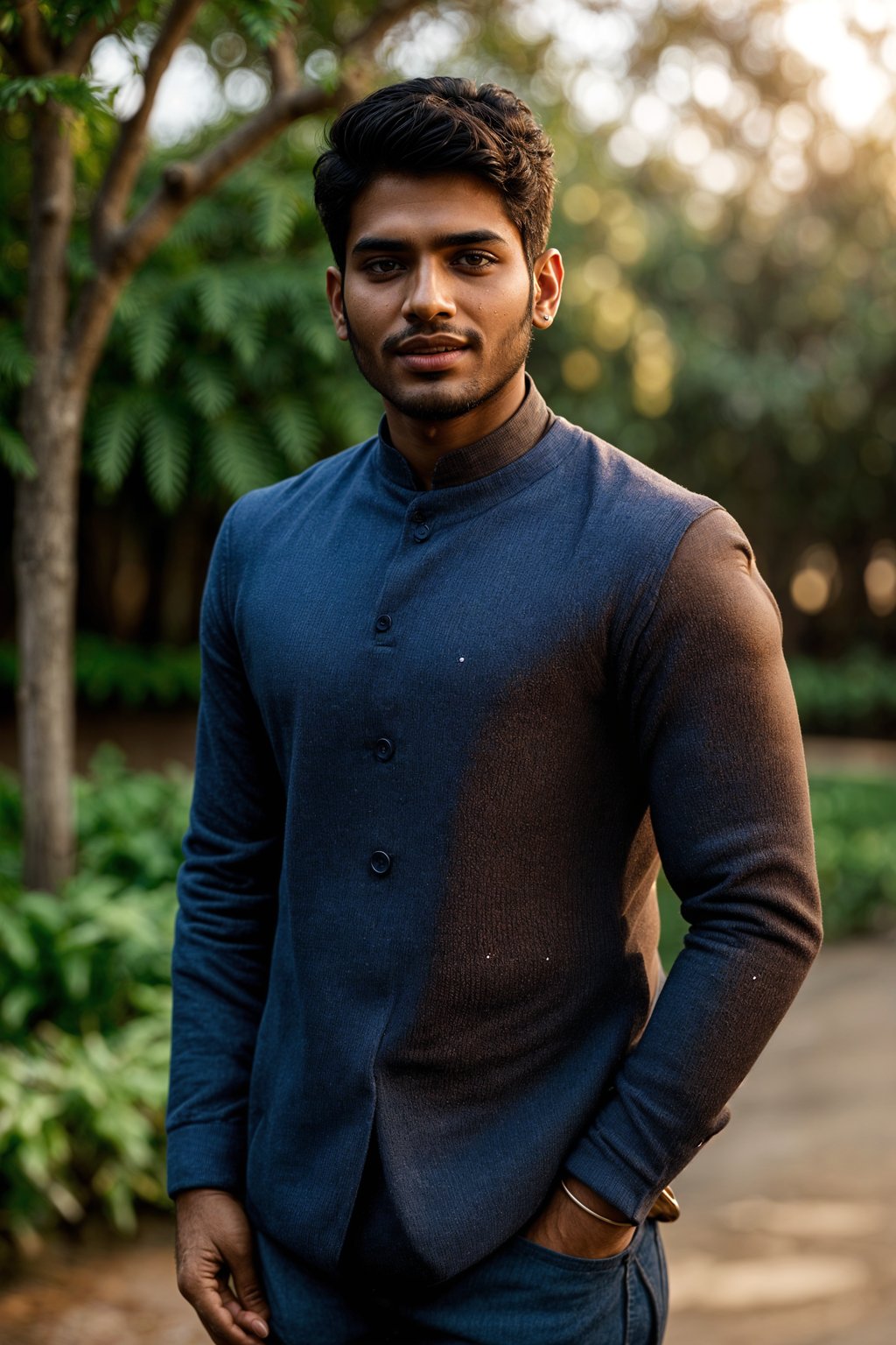 smiling man in engagement photoshoot. engagement style. wearing casual clothes.  golden hour