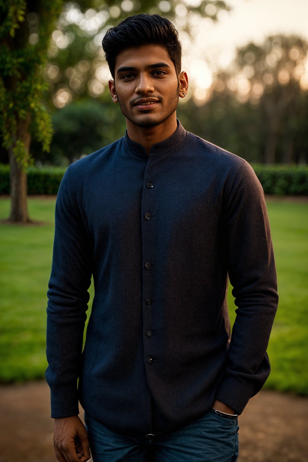 smiling man in engagement photoshoot. engagement style. wearing casual clothes.  golden hour