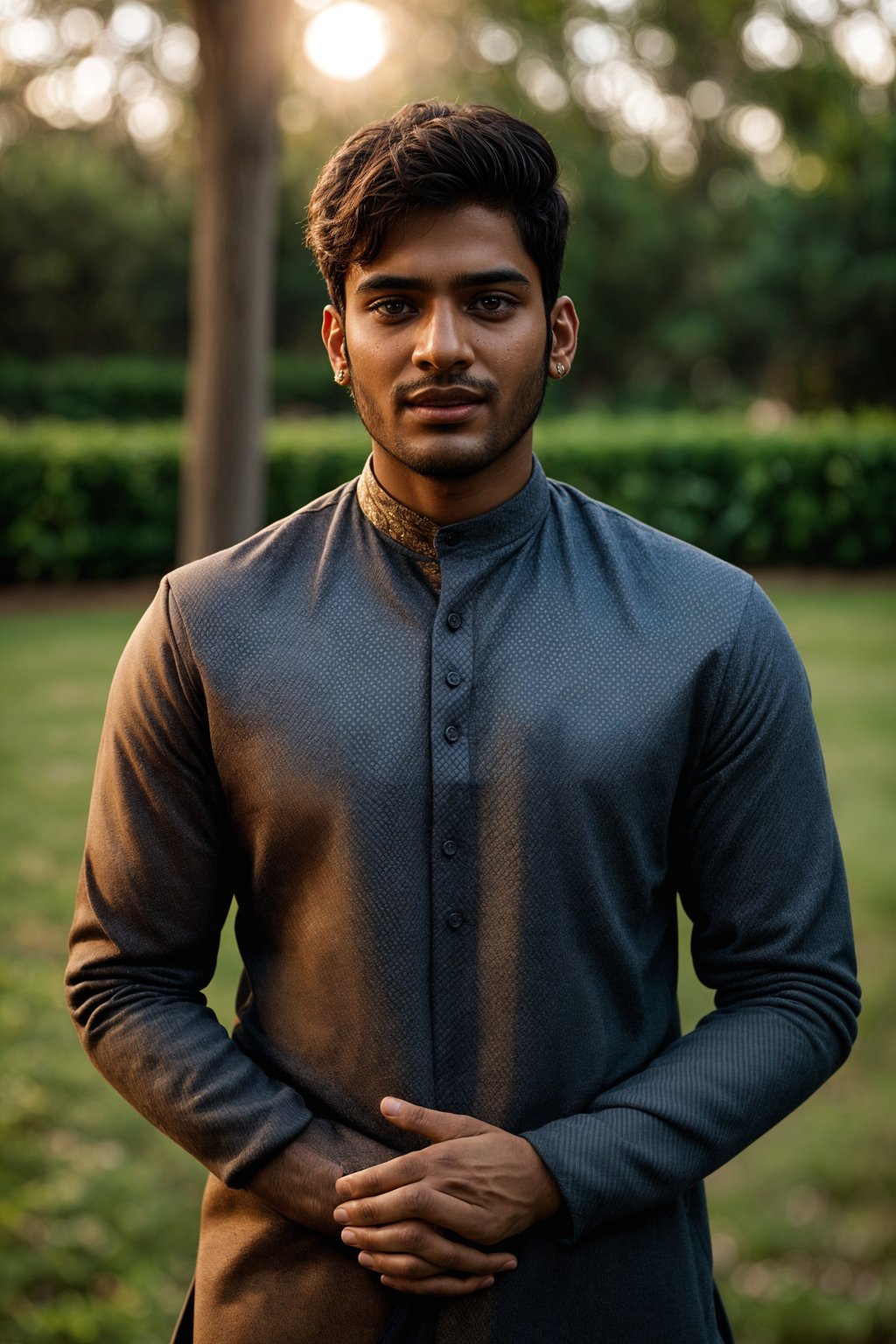 smiling man in engagement photoshoot. engagement style. wearing casual clothes.  golden hour