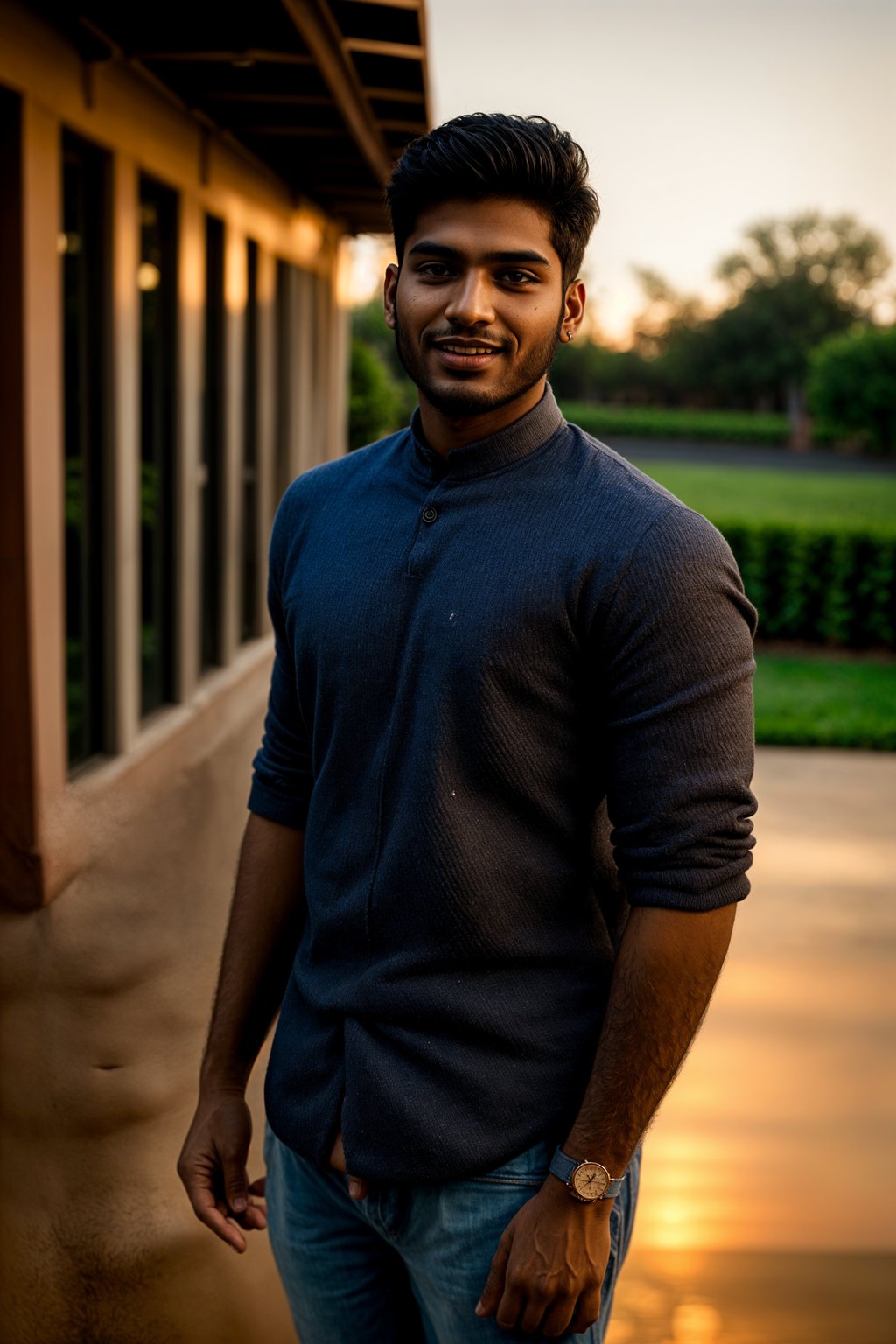 smiling man in engagement photoshoot. engagement style. wearing casual clothes.  golden hour