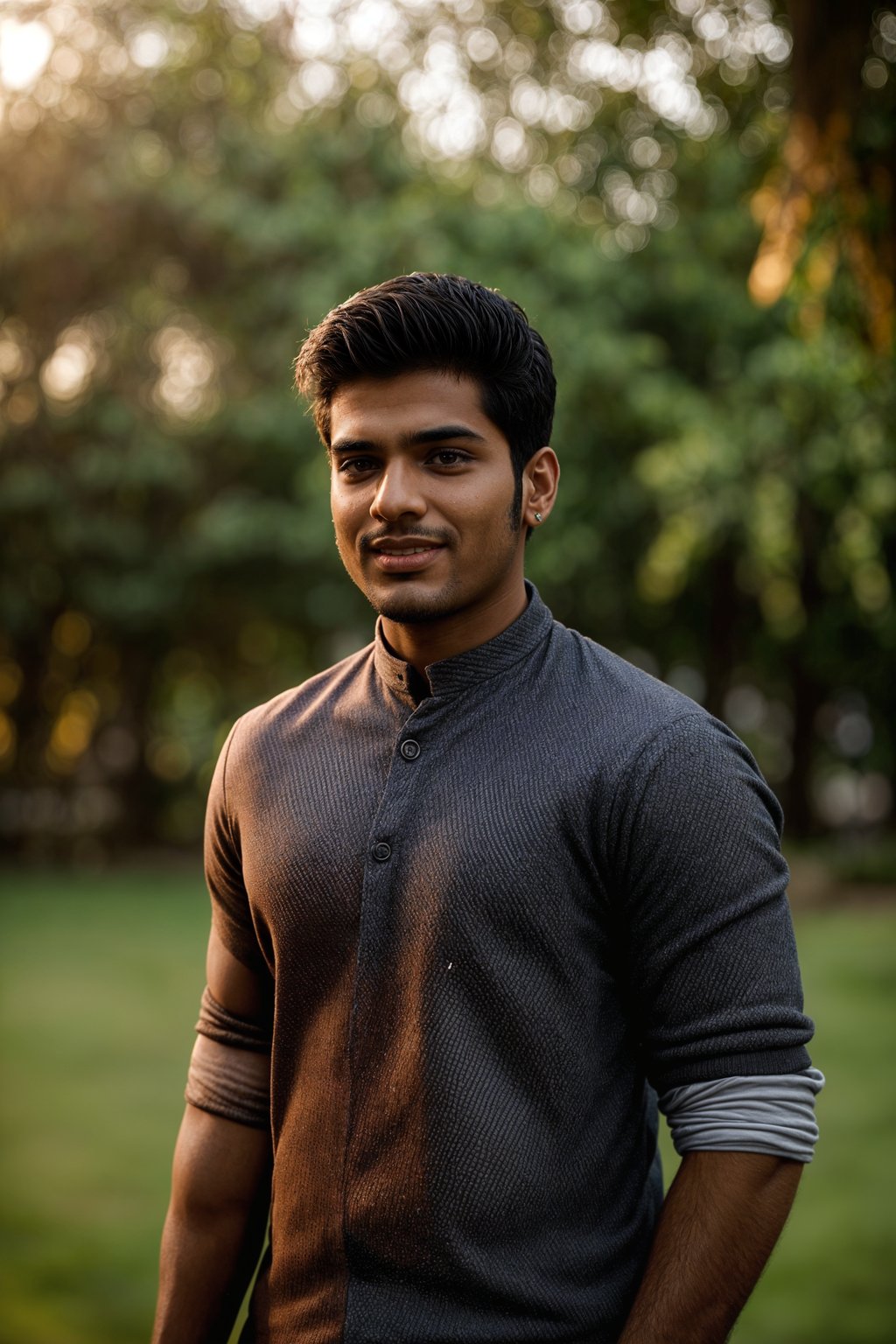 smiling man in engagement photoshoot. engagement style. wearing casual clothes.  golden hour
