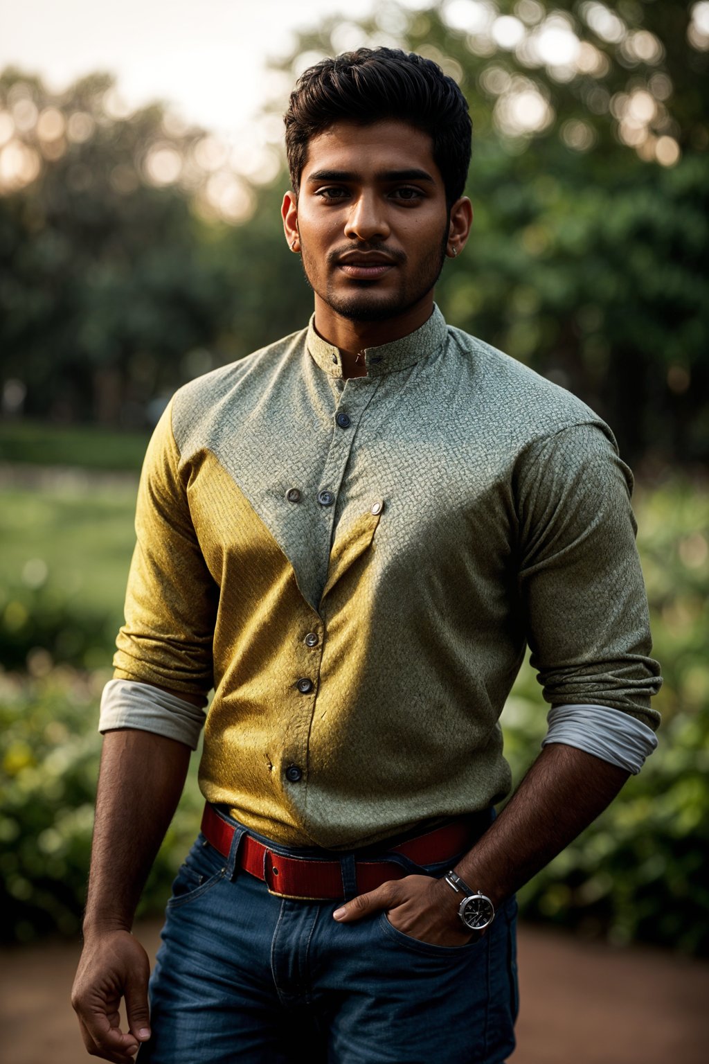 smiling man in engagement photoshoot. engagement style. wearing casual clothes.  golden hour