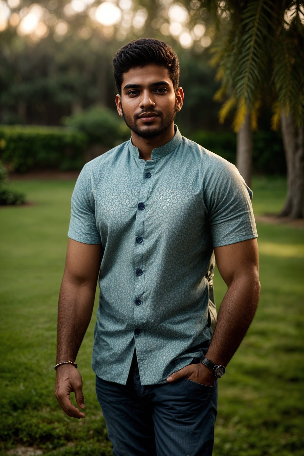 smiling man in engagement photoshoot. engagement style. wearing casual clothes.  golden hour