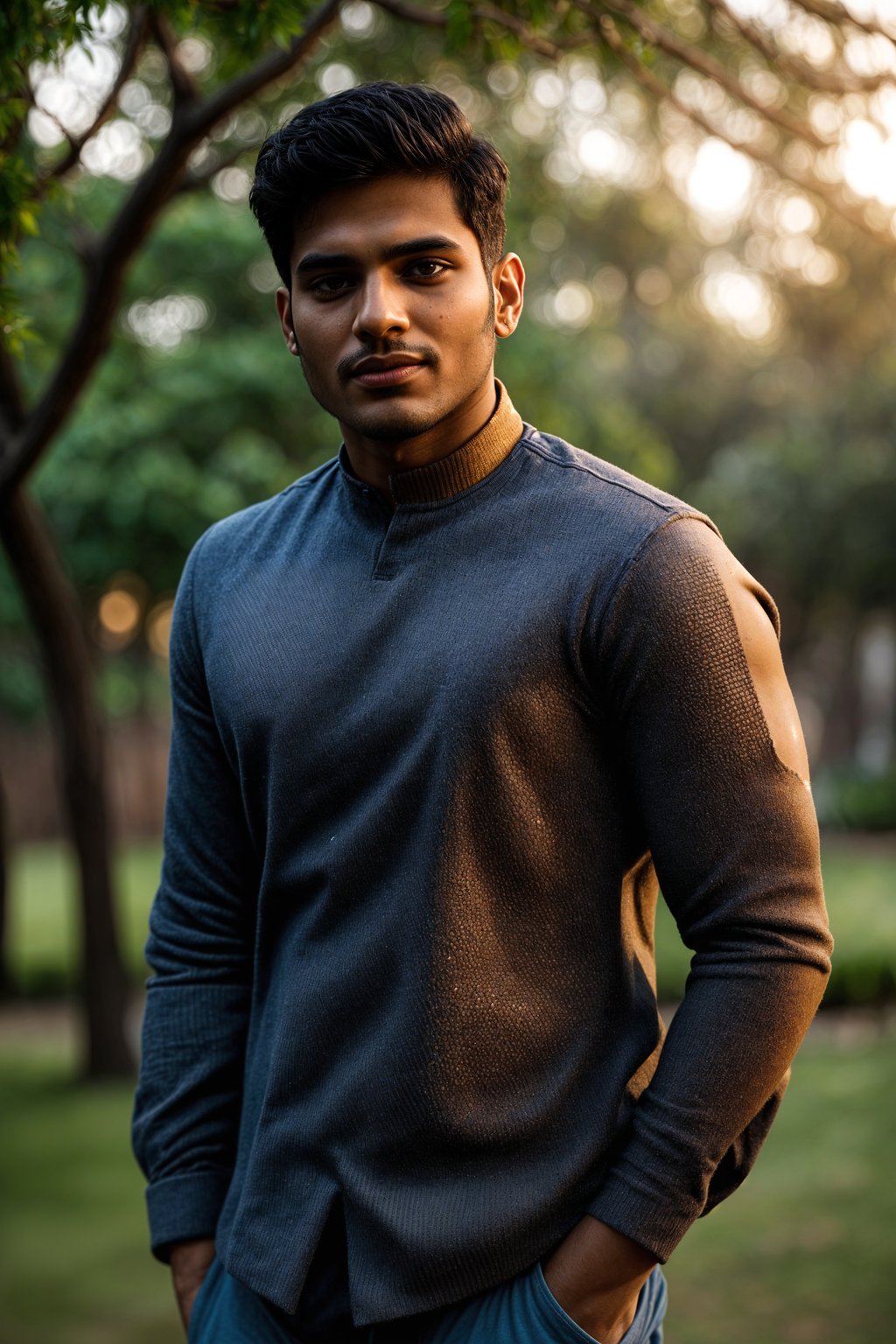 smiling man in engagement photoshoot. engagement style. wearing casual clothes.  golden hour