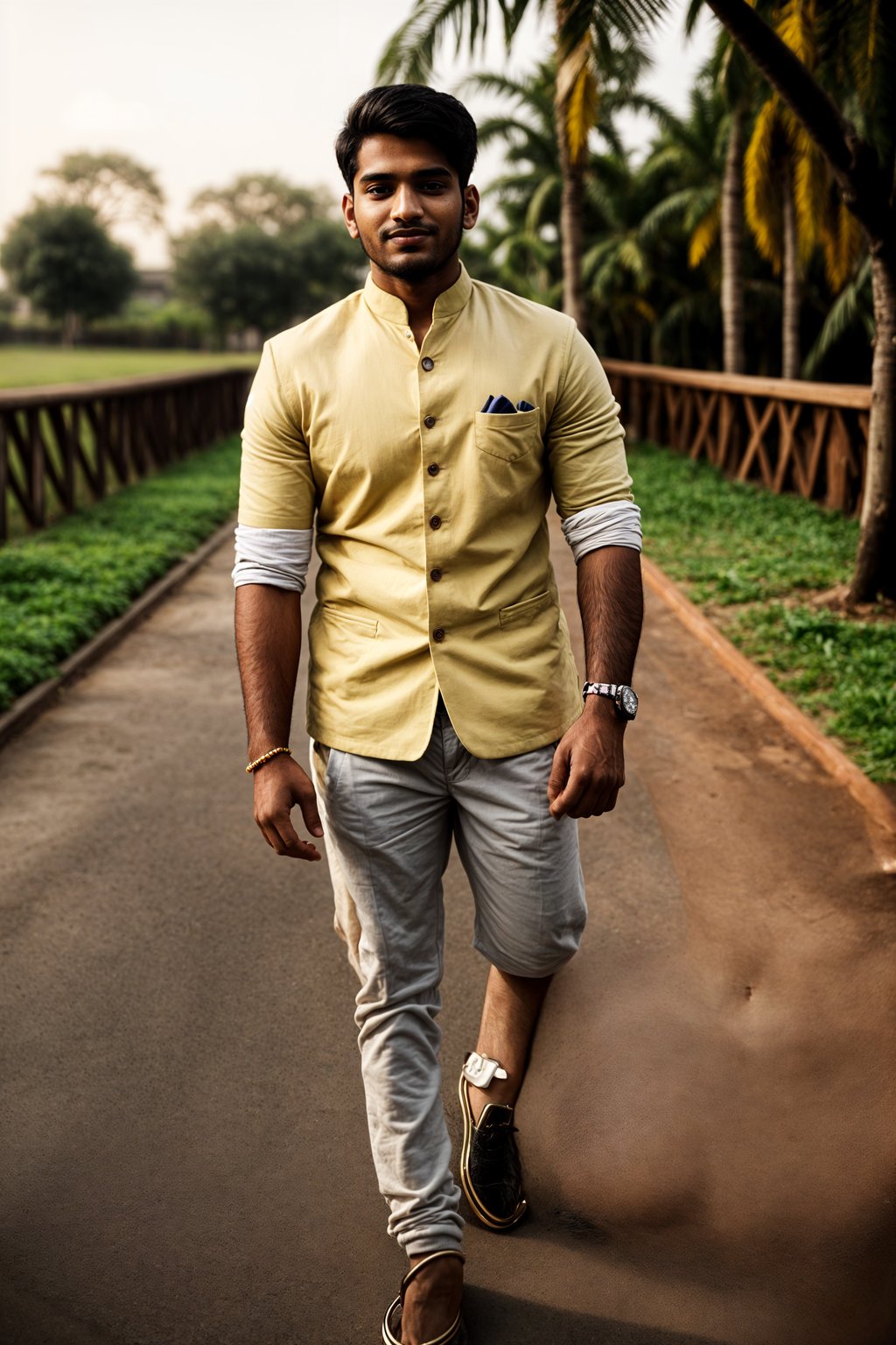 full body shot of smiling man in engagement photoshoot. engagement style. wearing casual clothes.  golden hour