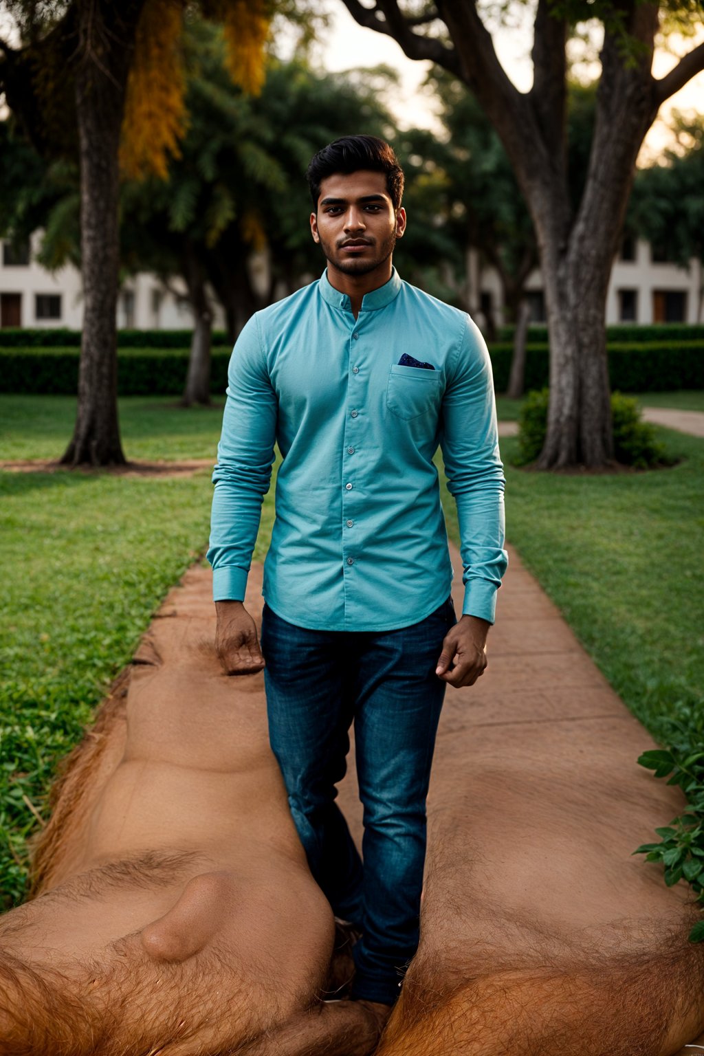 full body shot of smiling man in engagement photoshoot. engagement style. wearing casual clothes.  golden hour