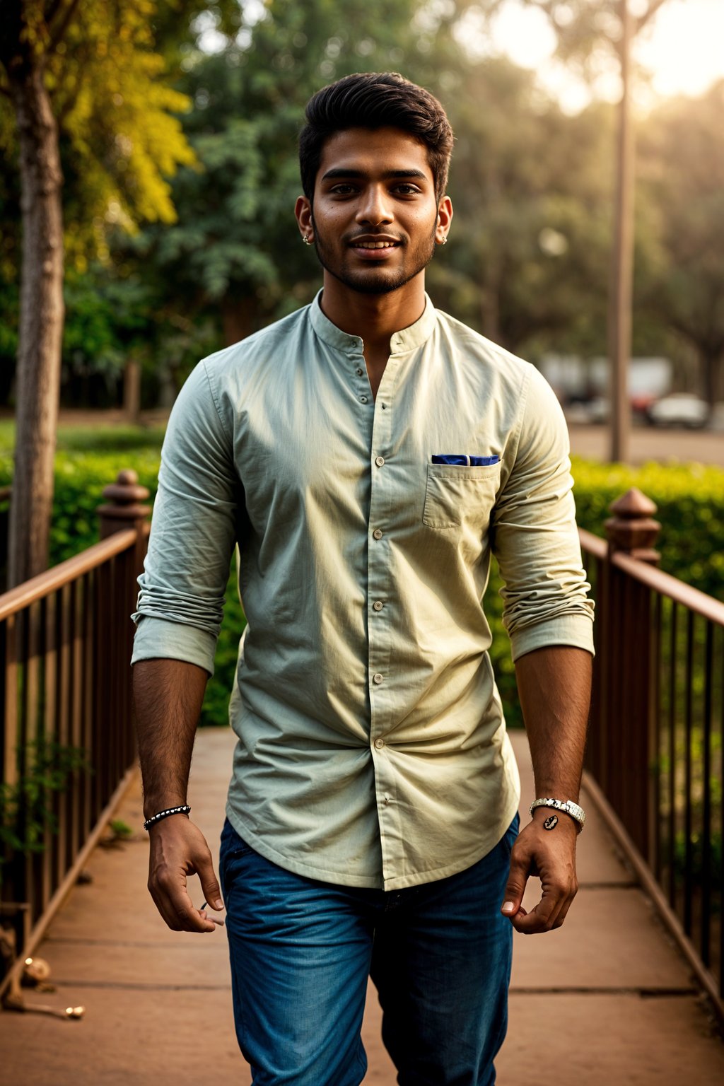 full body shot of smiling man in engagement photoshoot. engagement style. wearing casual clothes.  golden hour