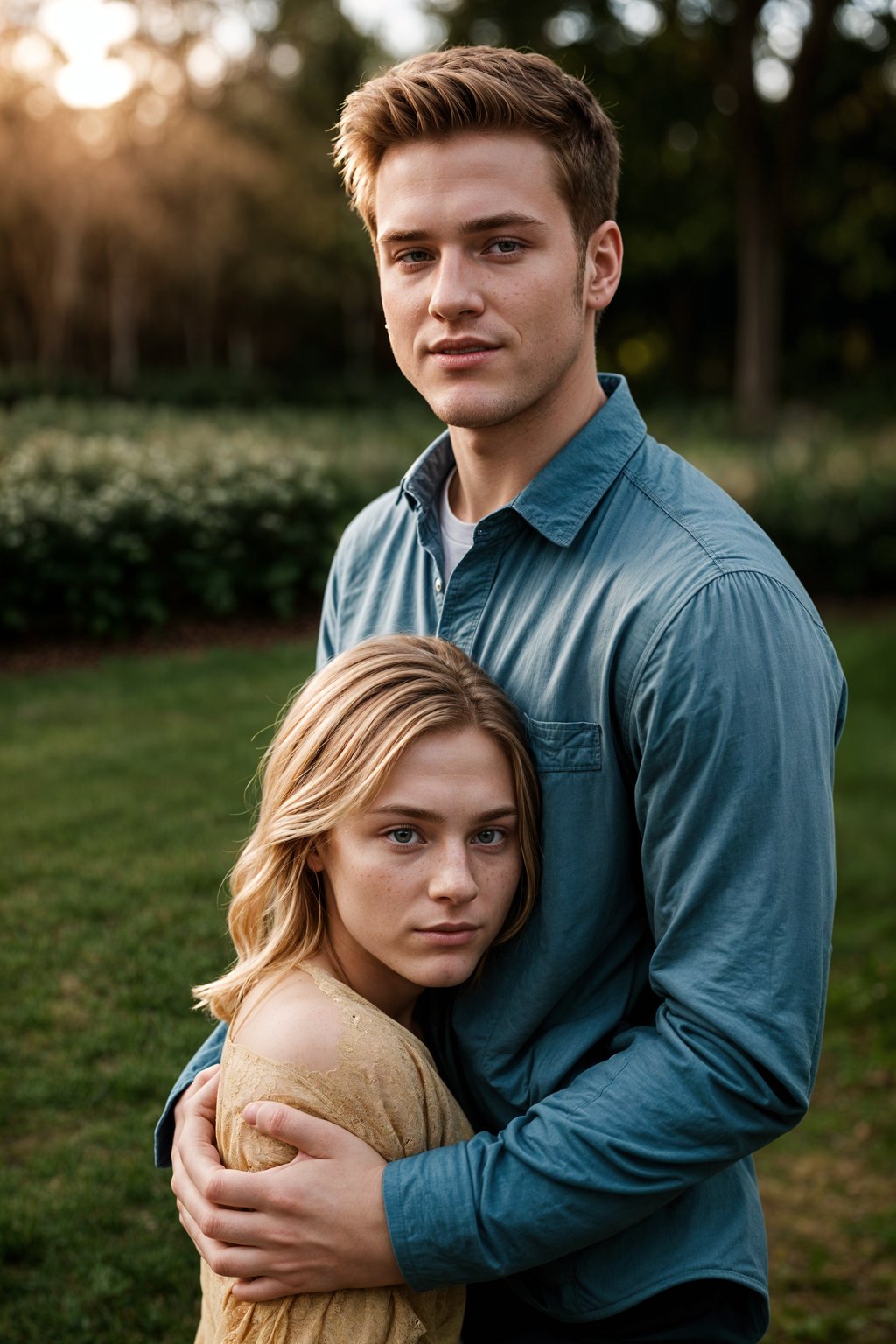 smiling man in engagement photoshoot. engagement style. wearing casual clothes.  golden hour