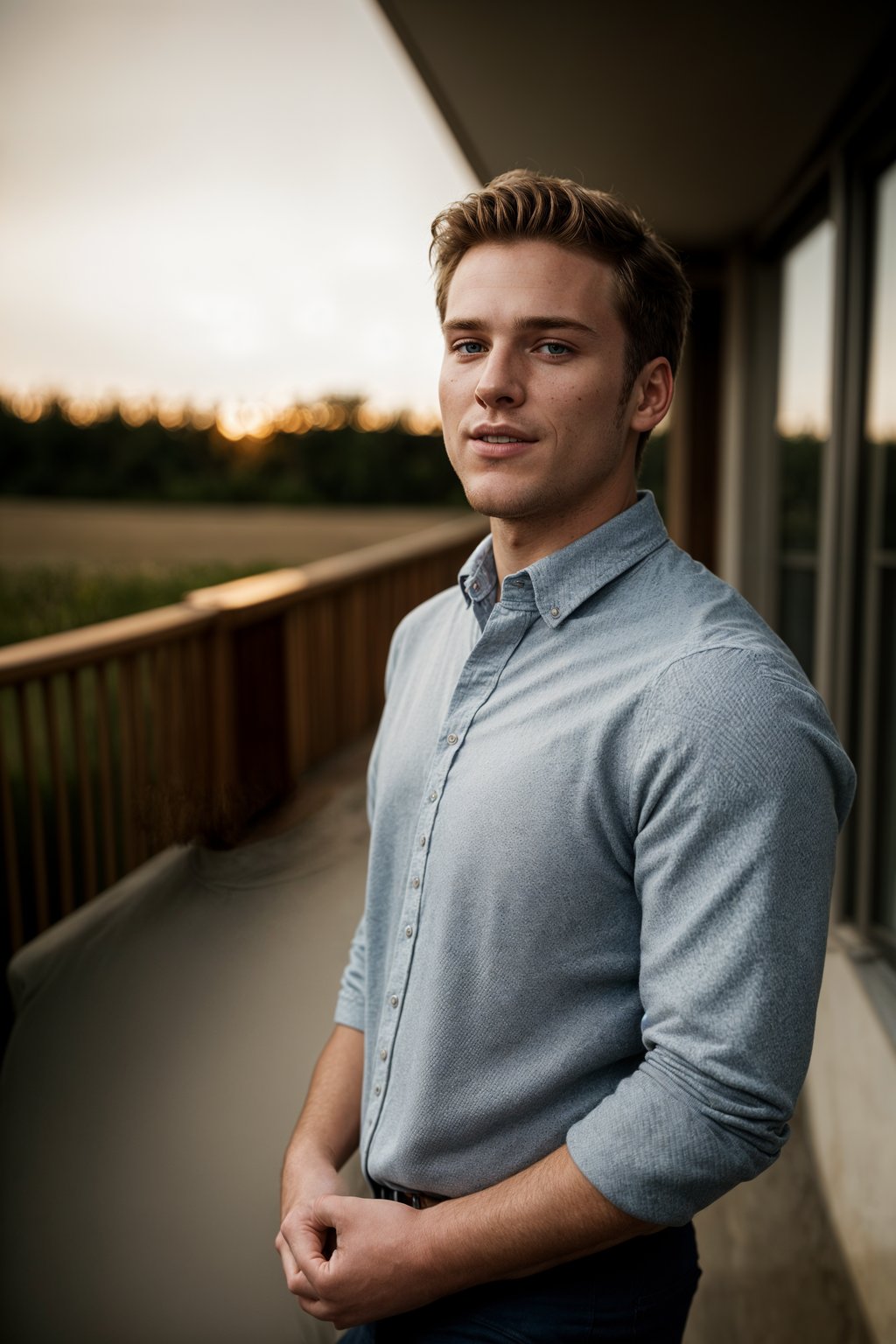 smiling man in engagement photoshoot. engagement style. wearing casual clothes.  golden hour