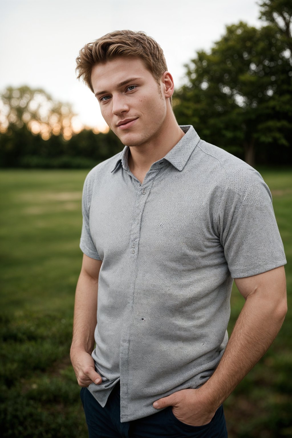 smiling man in engagement photoshoot. engagement style. wearing casual clothes.  golden hour