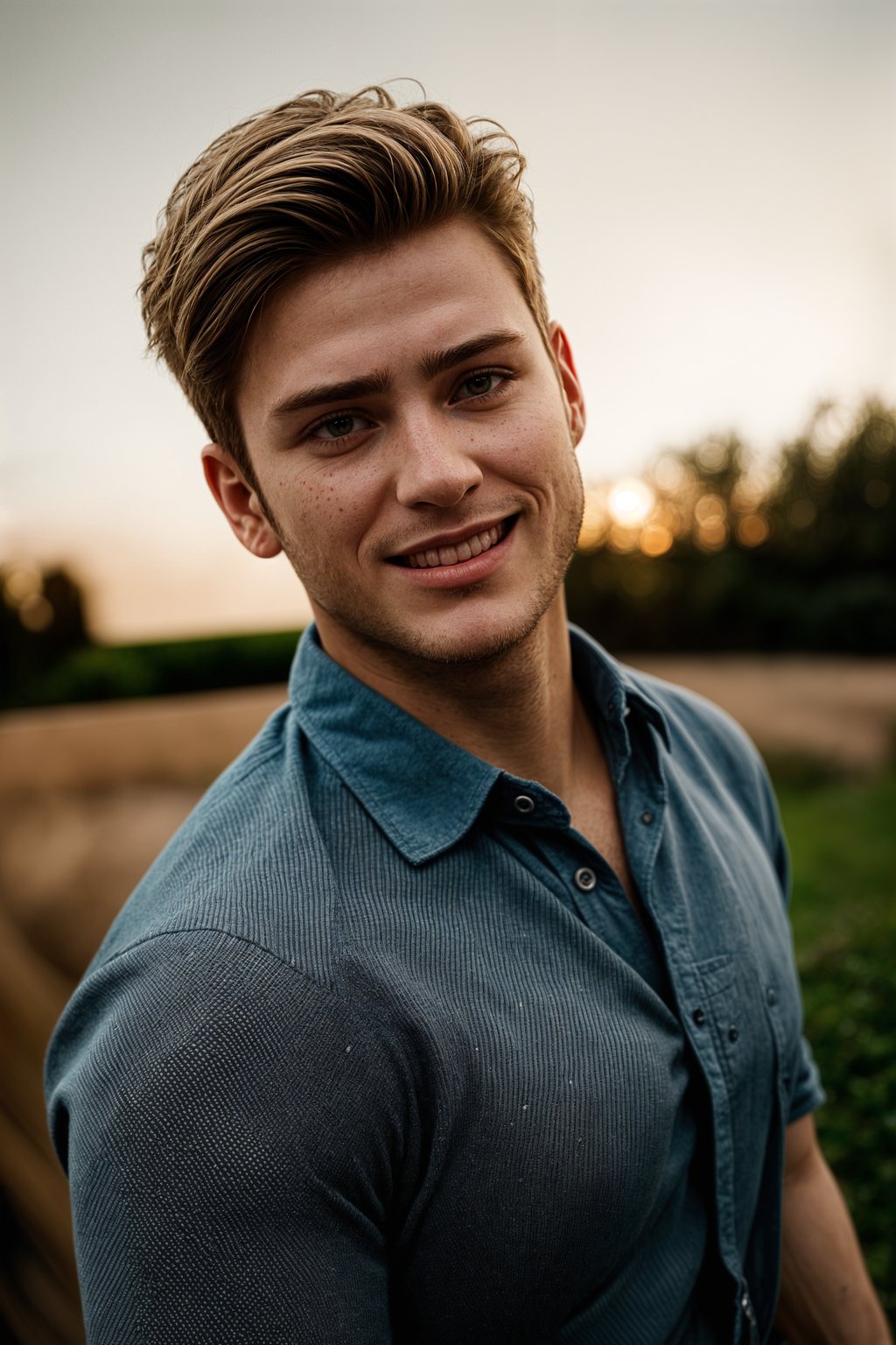 smiling man in engagement photoshoot. engagement style. wearing casual clothes.  golden hour