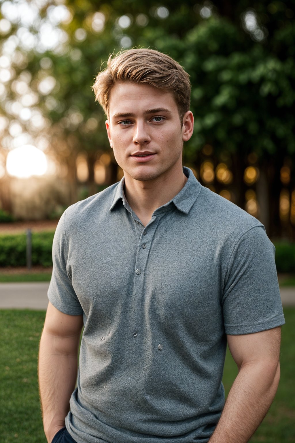 smiling man in engagement photoshoot. engagement style. wearing casual clothes.  golden hour