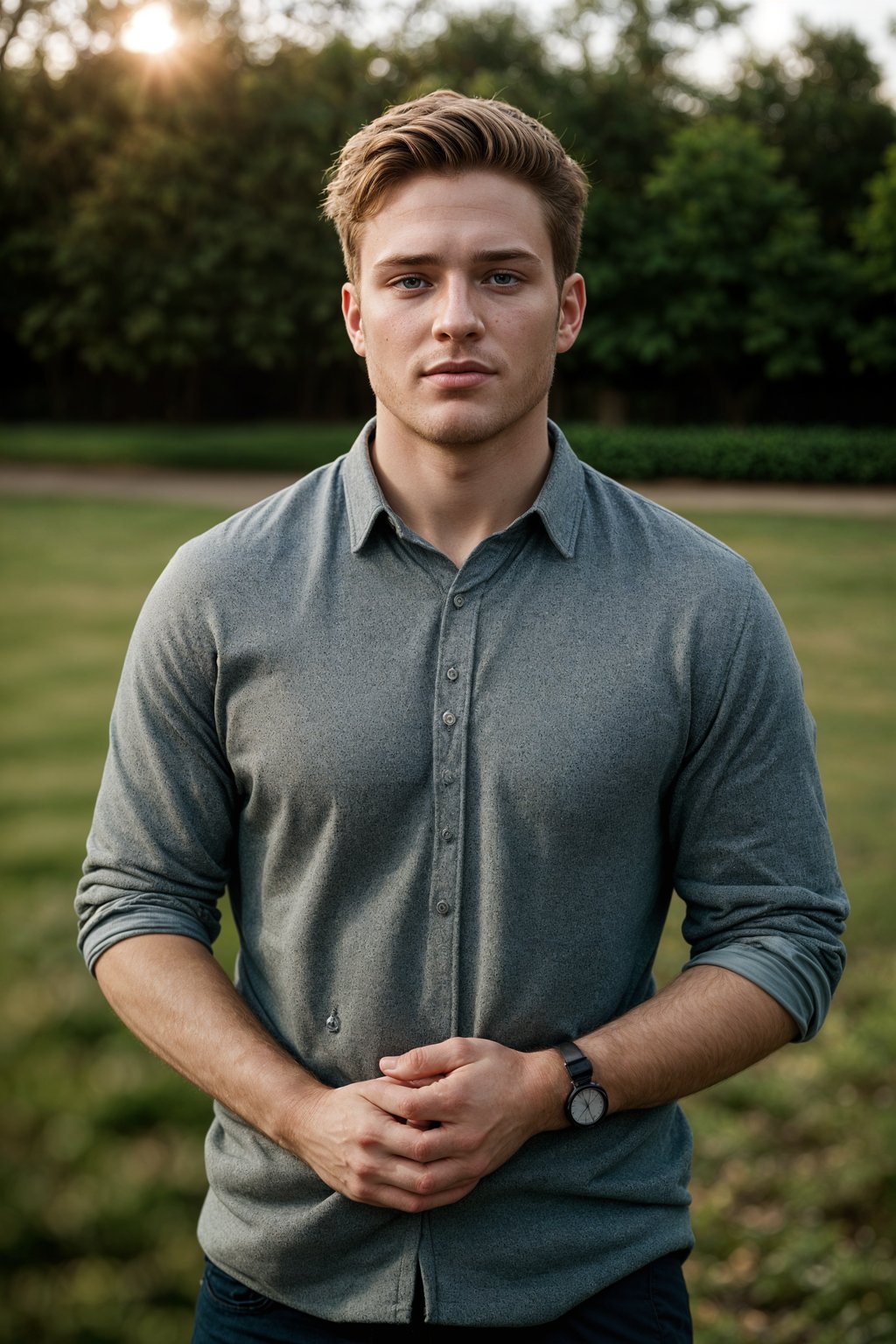 smiling man in engagement photoshoot. engagement style. wearing casual clothes.  golden hour