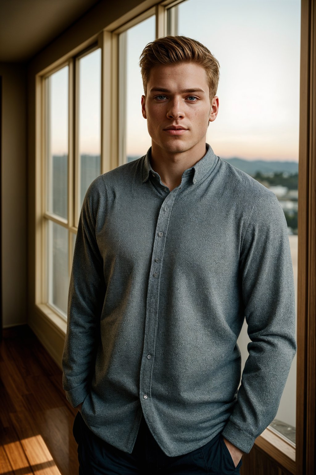 smiling man in engagement photoshoot. engagement style. wearing casual clothes.  golden hour