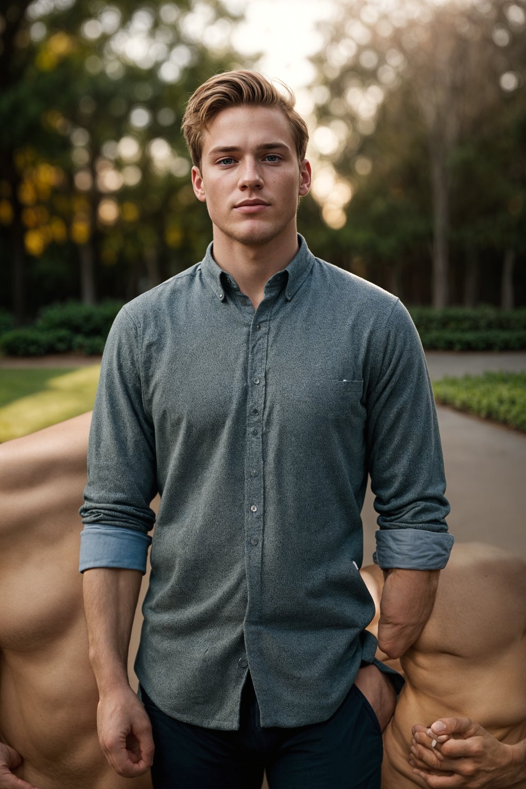 smiling man in engagement photoshoot. engagement style. wearing casual clothes.  golden hour