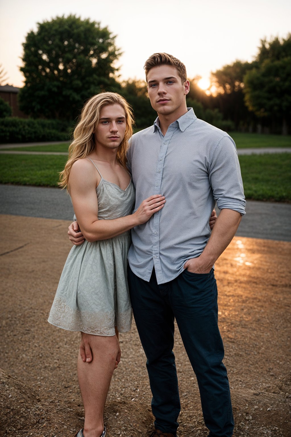 full body shot of smiling man in engagement photoshoot. engagement style. wearing casual clothes.  golden hour