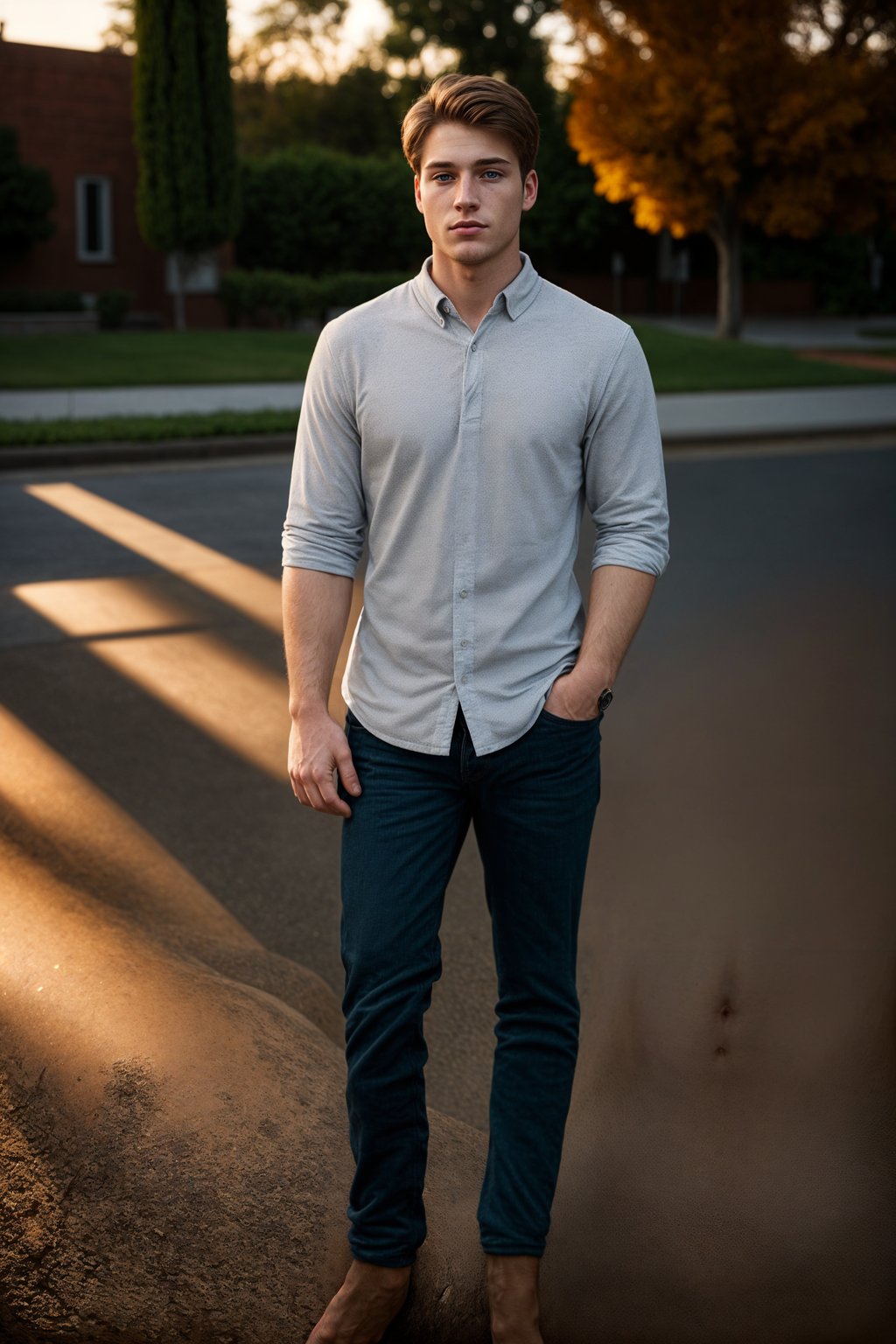 full body shot of smiling man in engagement photoshoot. engagement style. wearing casual clothes.  golden hour