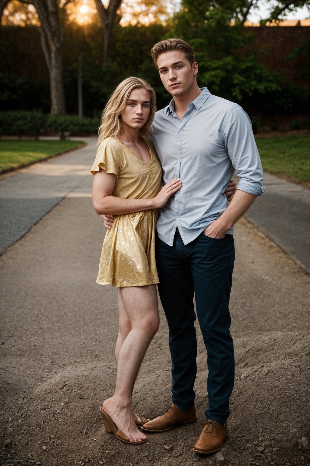 full body shot of smiling man in engagement photoshoot. engagement style. wearing casual clothes.  golden hour