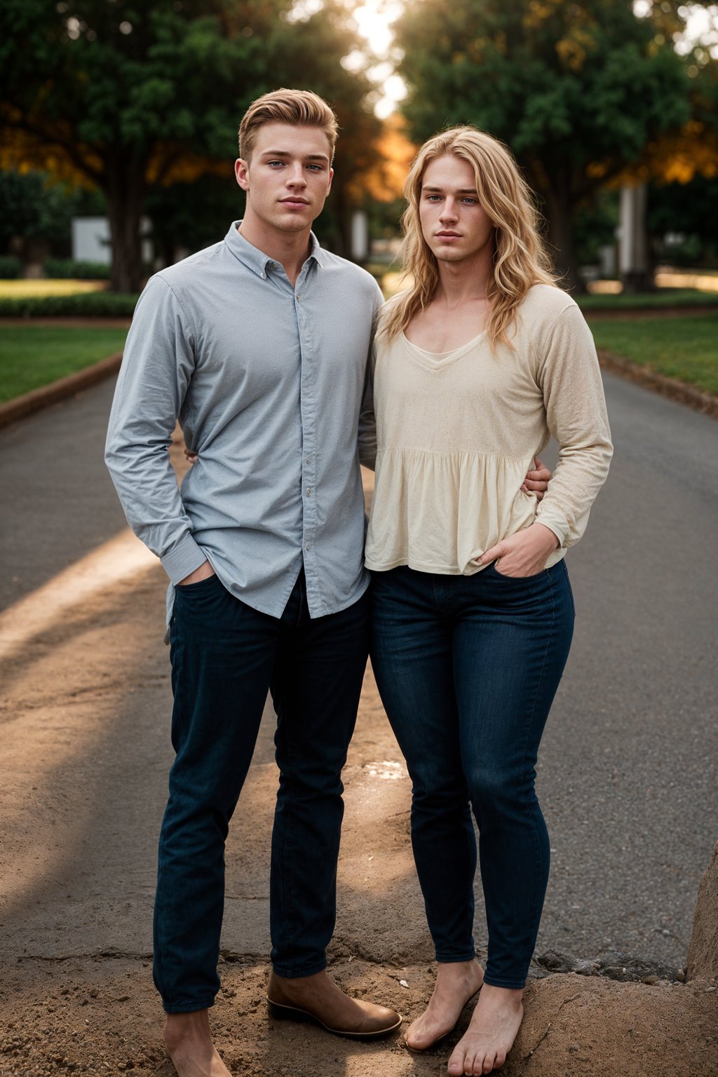 full body shot of smiling man in engagement photoshoot. engagement style. wearing casual clothes.  golden hour