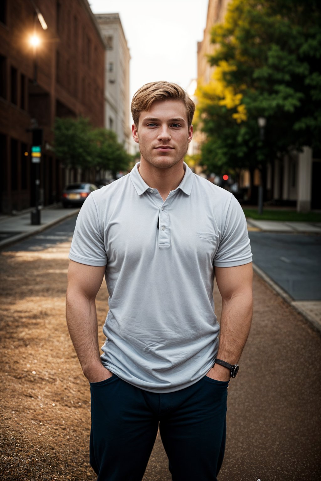 full body shot of smiling man in engagement photoshoot. engagement style. wearing casual clothes.  golden hour