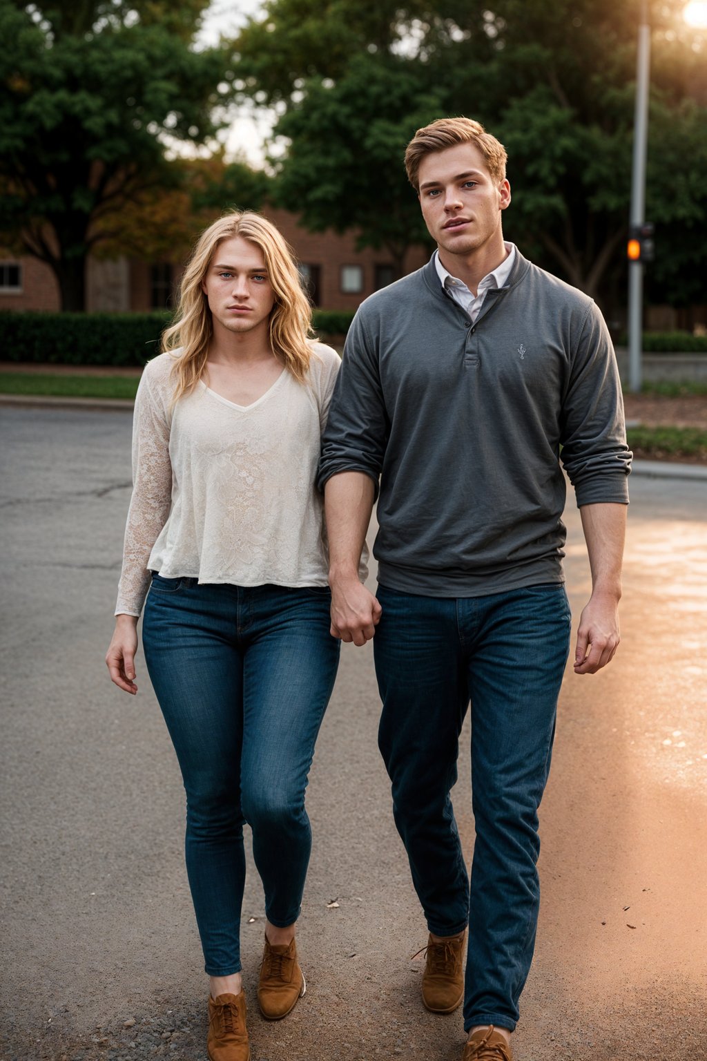 full body shot of smiling man in engagement photoshoot. engagement style. wearing casual clothes.  golden hour