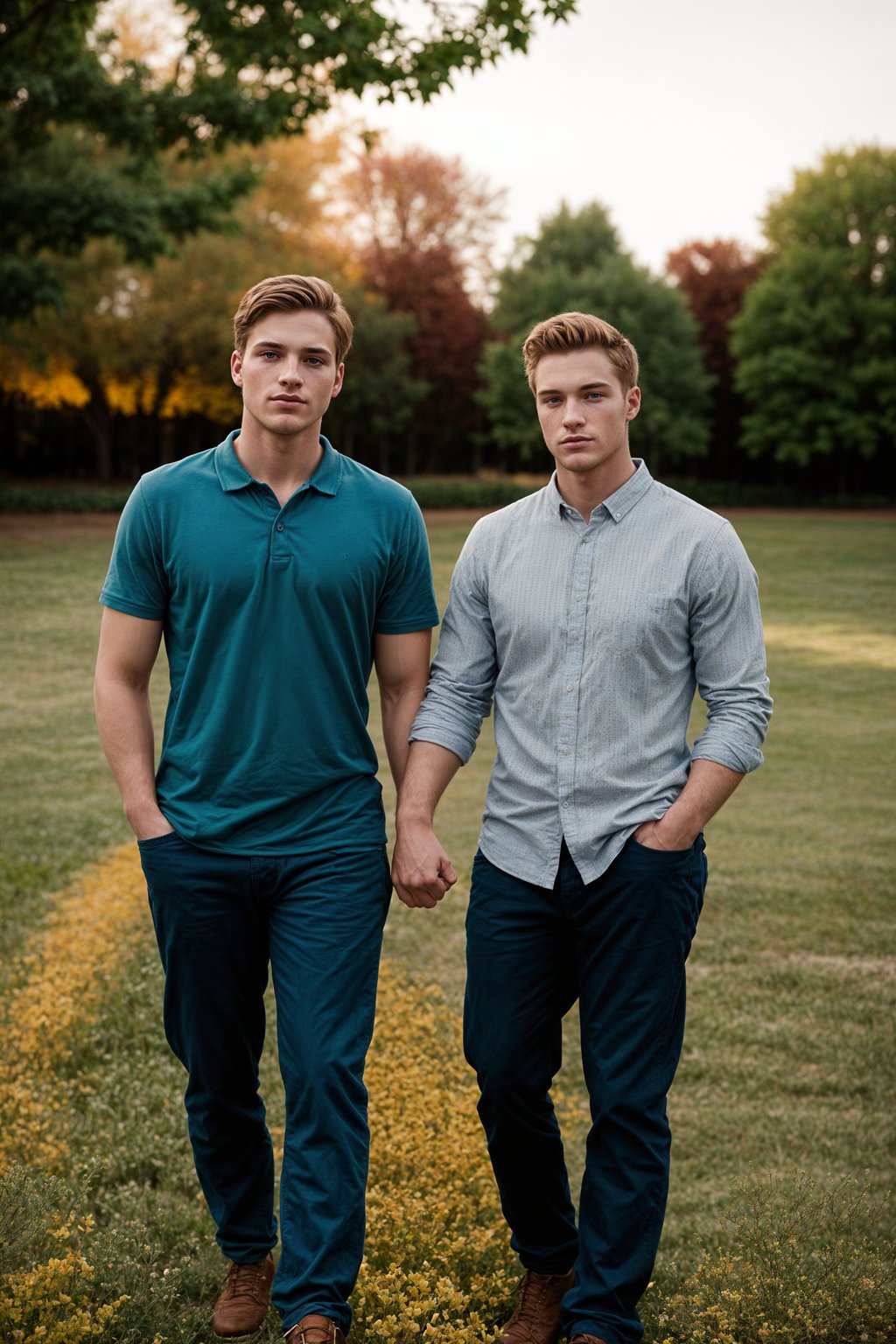 full body shot of smiling man in engagement photoshoot. engagement style. wearing casual clothes.  golden hour