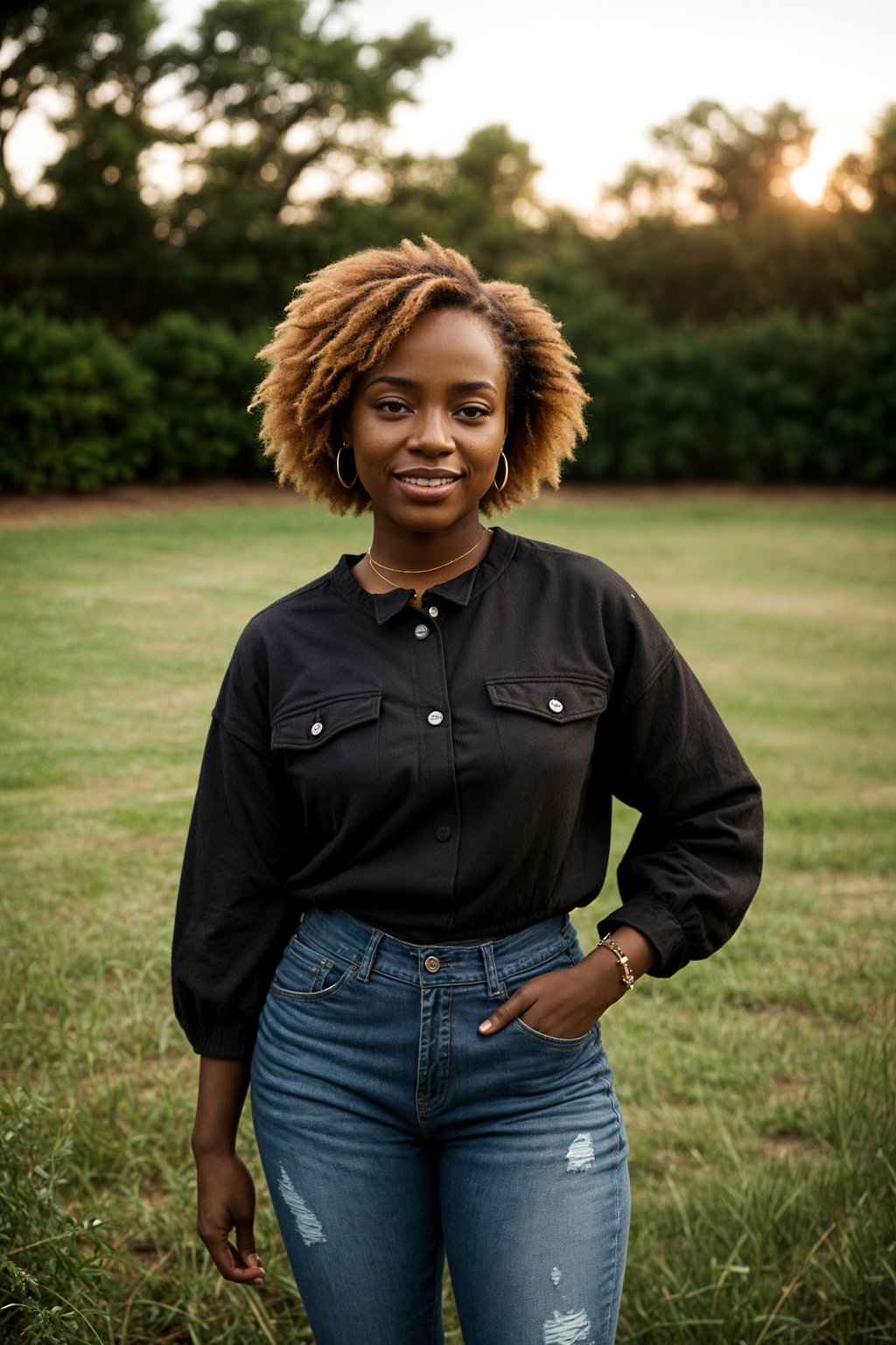 smiling woman in engagement photoshoot. engagement style. wearing casual clothes.  golden hour