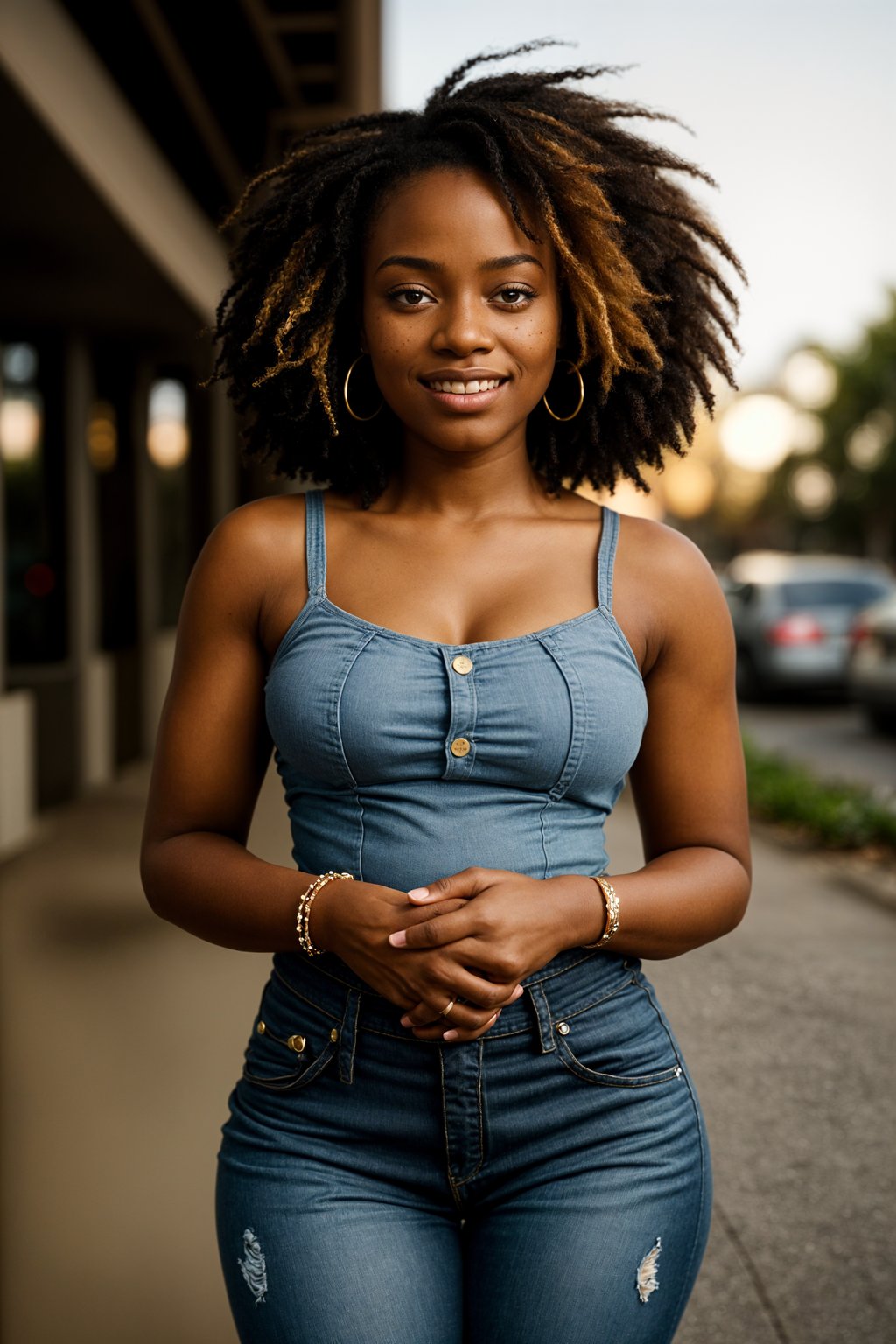 smiling woman in engagement photoshoot. engagement style. wearing casual clothes.  golden hour