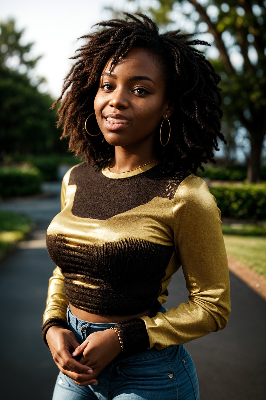 smiling woman in engagement photoshoot. engagement style. wearing casual clothes.  golden hour