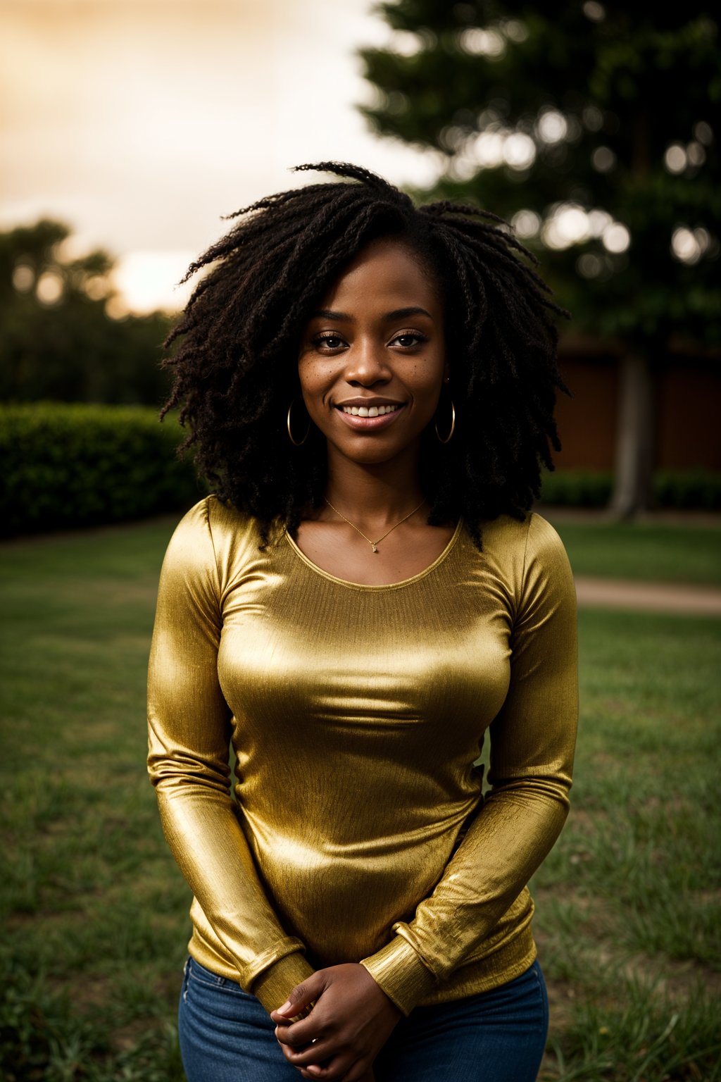 smiling woman in engagement photoshoot. engagement style. wearing casual clothes.  golden hour