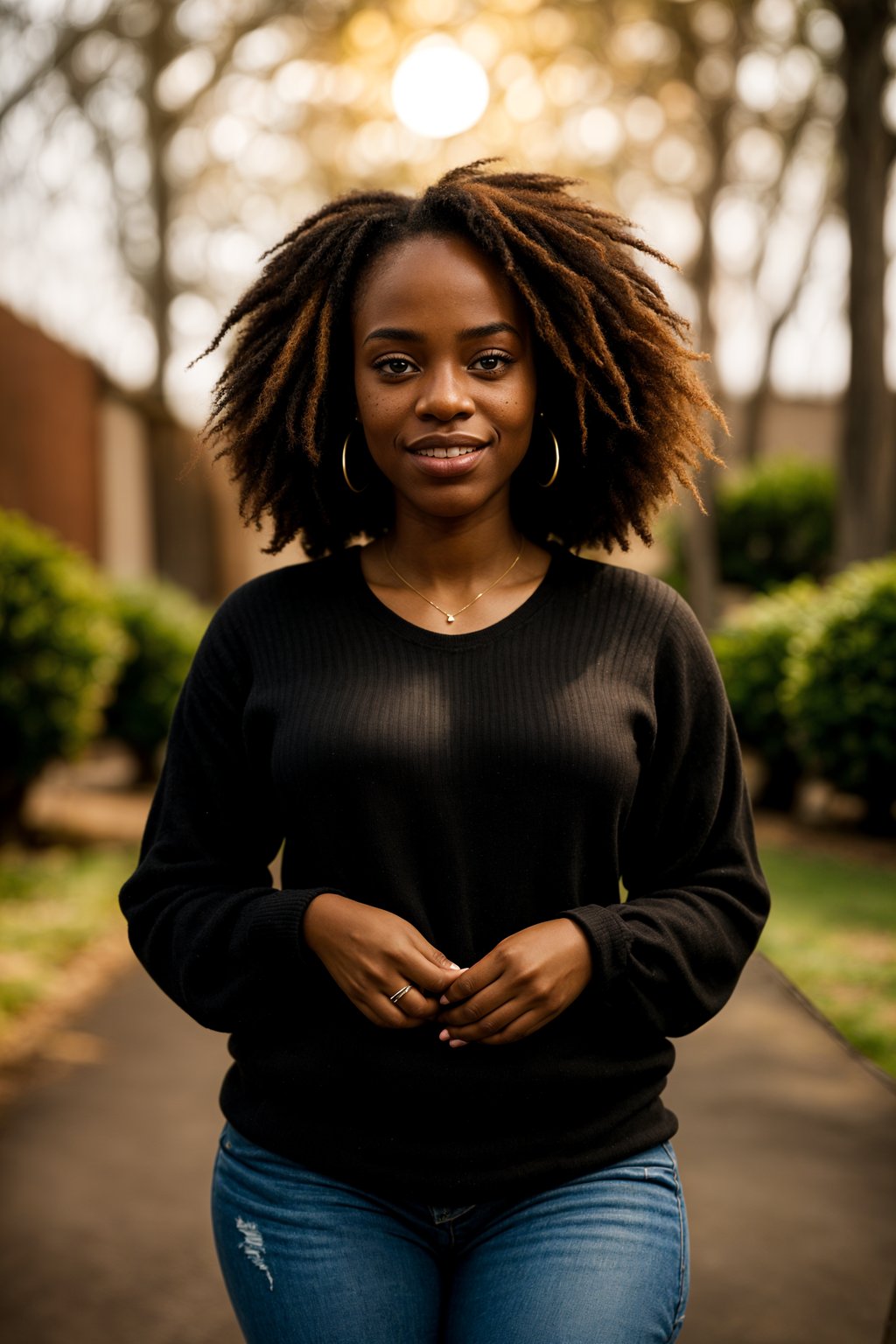 smiling woman in engagement photoshoot. engagement style. wearing casual clothes.  golden hour