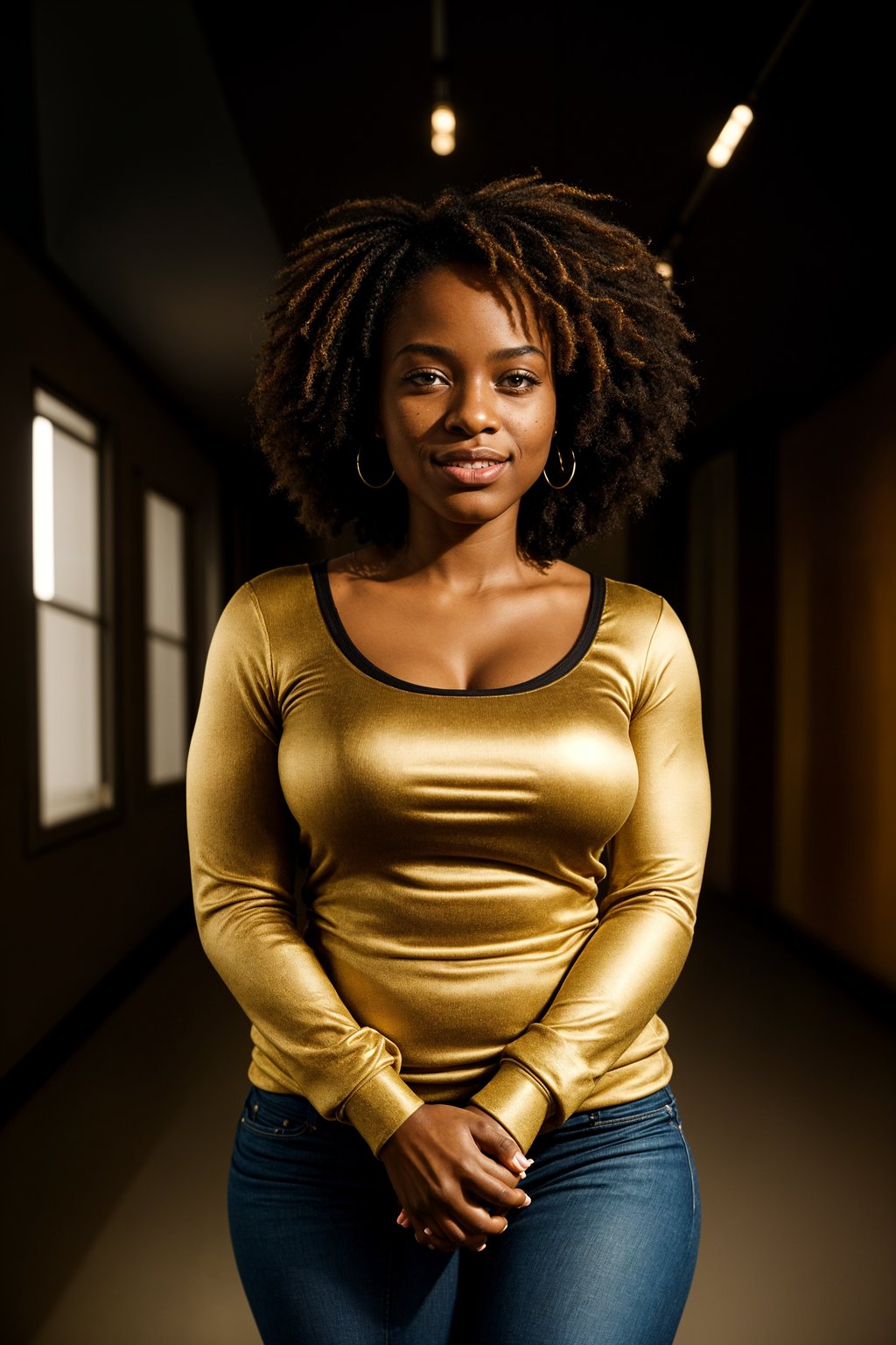 smiling woman in engagement photoshoot. engagement style. wearing casual clothes.  golden hour