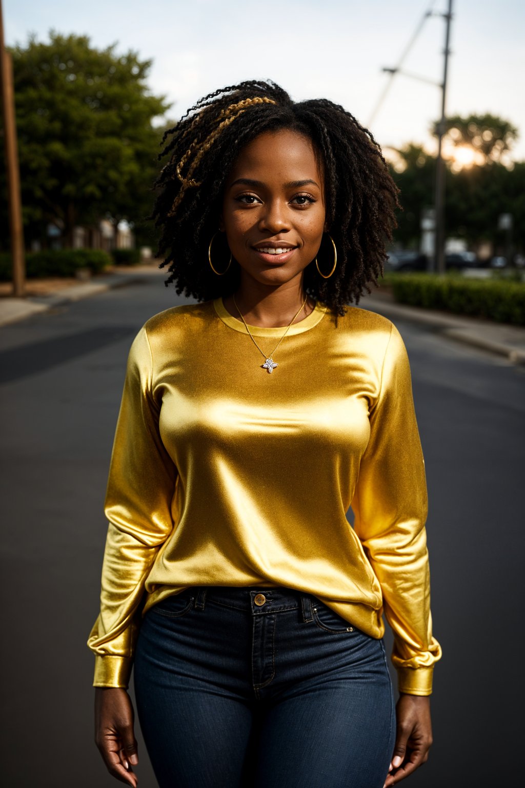 smiling woman in engagement photoshoot. engagement style. wearing casual clothes.  golden hour