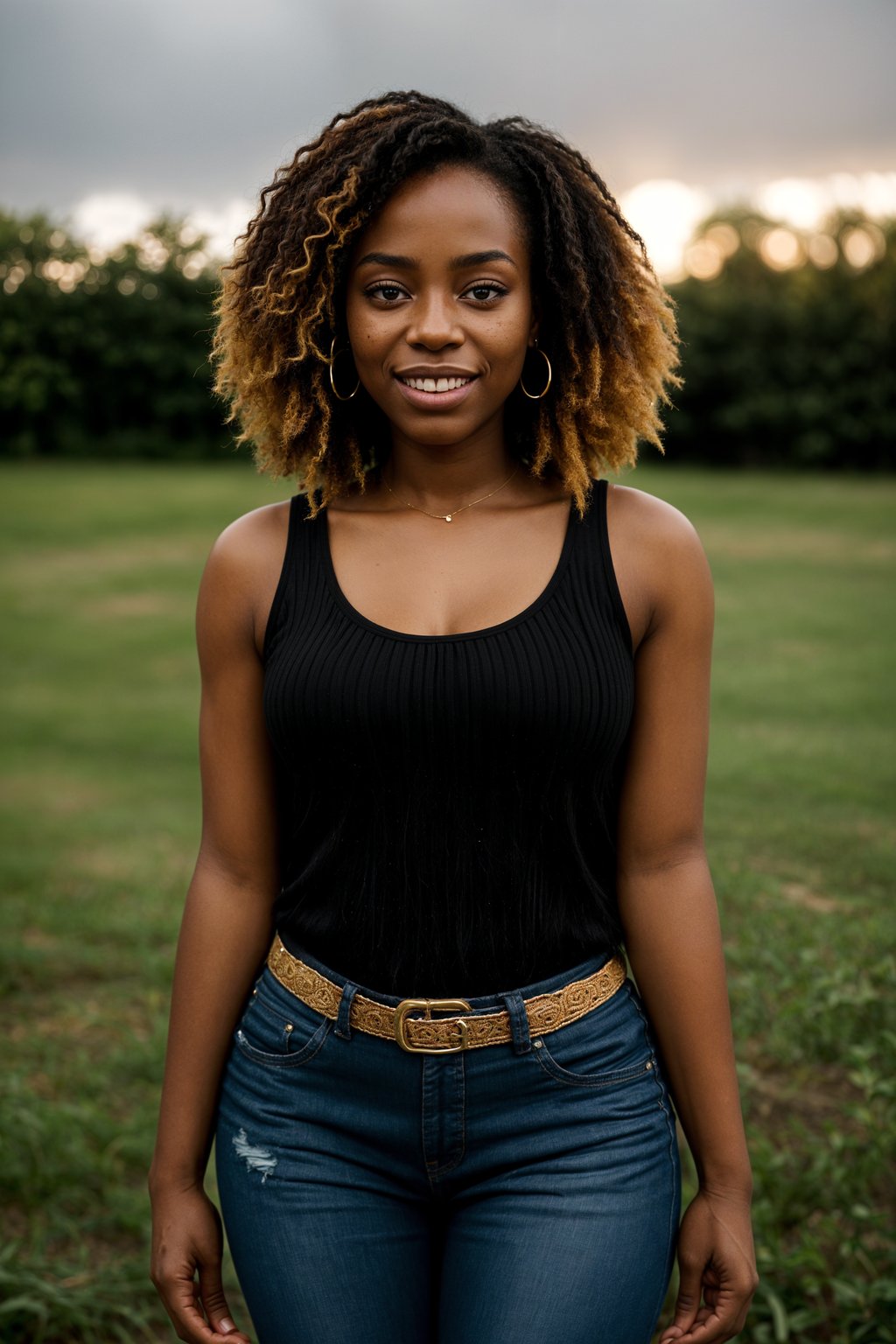 smiling woman in engagement photoshoot. engagement style. wearing casual clothes.  golden hour